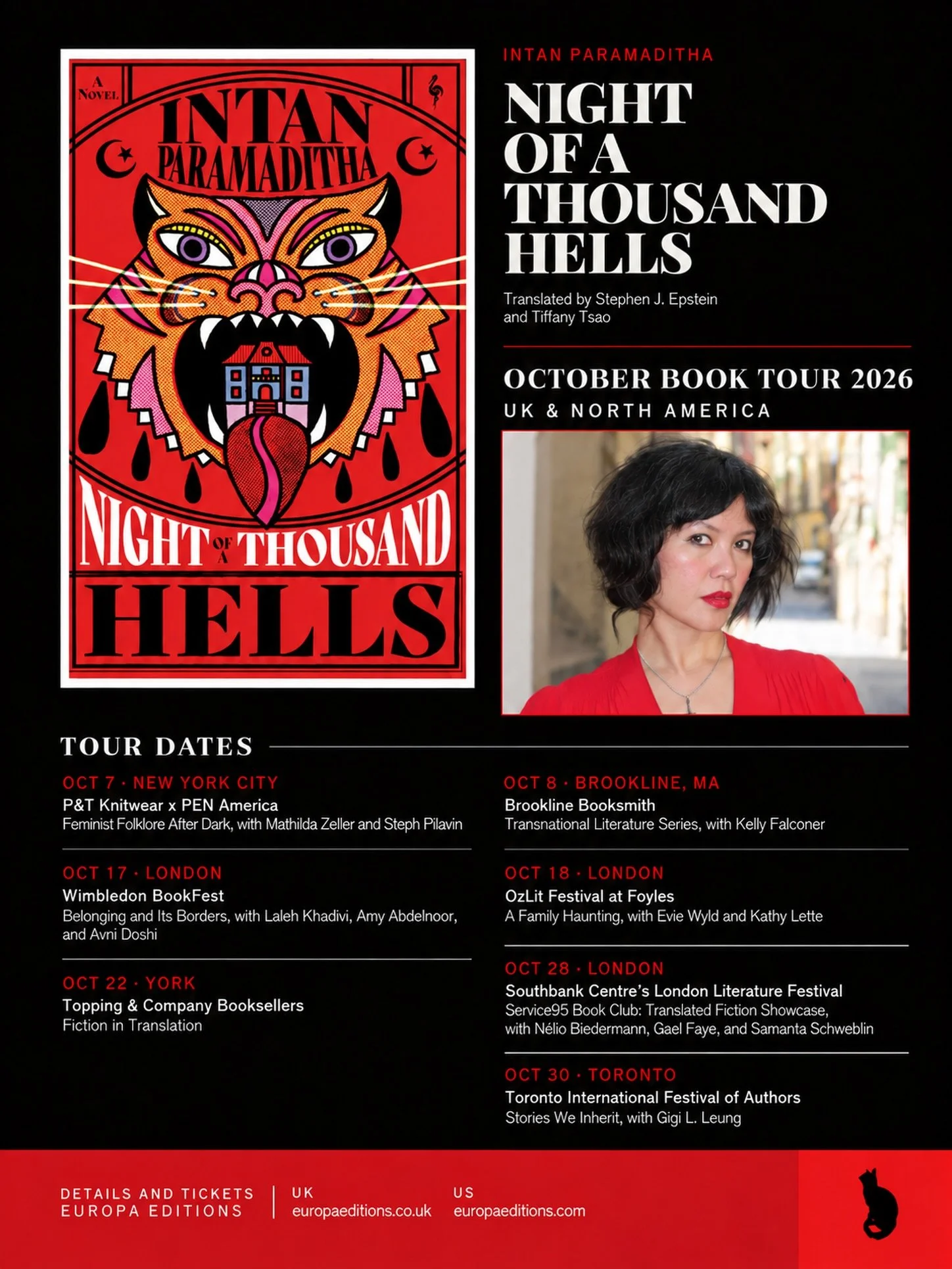 Night of a Thousand Hells (translated by Stephen J. Epstein and Tiffany Tsao @tiffanytsao) book tour in October 2026: New York &rarr; Brookline &rarr; London &rarr; York &rarr; Toronto.

Thank you to everyone who came out in New York and Brookline la