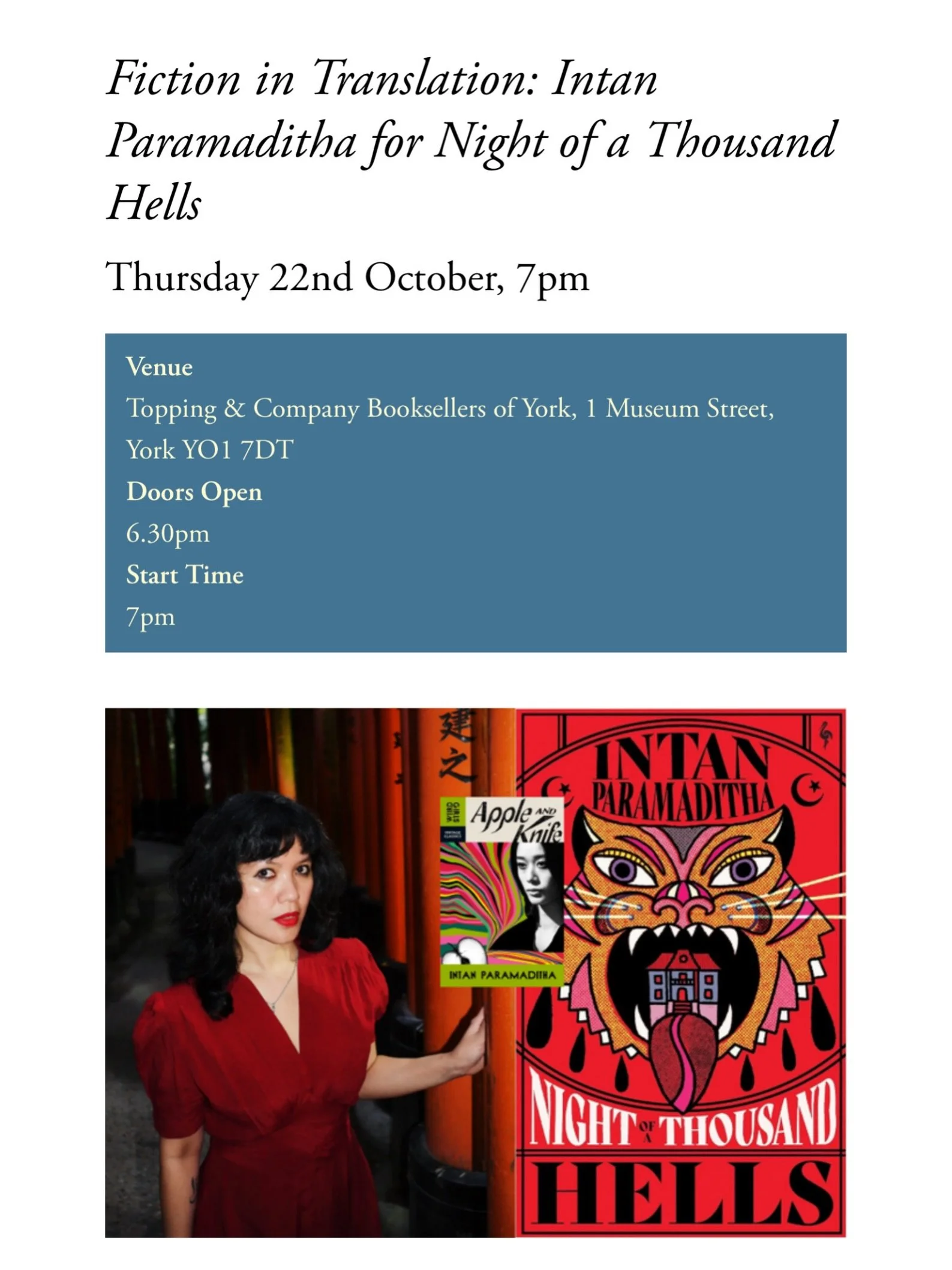 Fiction in Translation: Intan Paramaditha for Night of a Thousand Hells
Thursday 22nd October, 7pm
Topping &amp; Company Booksellers of York @toppingsyork, 1 Museum Street, York YO1 7DT

See you tomorrow 🐈&zwj;⬛

 @europaeditionsuk 

https://www.top