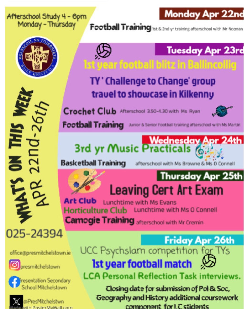 WEEKLY EVENTS APRIL 22nd - 26th 😀 Best of luck to our Junior Cycle Music students and our Leaving Cert art students as they complete State exams this week. Our first year football teams are busy with Blitzes and matches.. #presab&uacute;