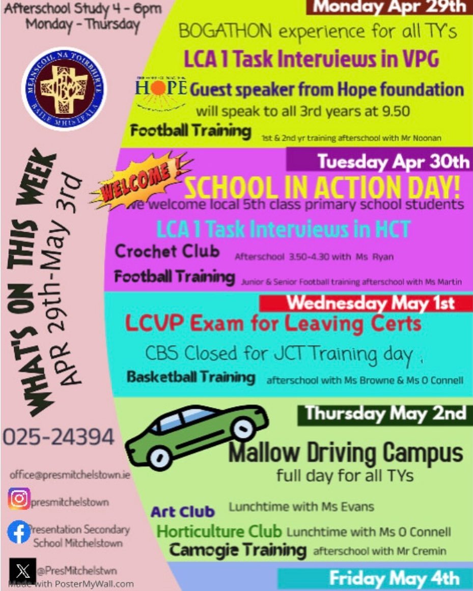 WEEKLY EVENTS APRIL 29th - MAY 3rd 🙂 Our LCA 1s have a busy week with two task interviews, best of luck girls! Also best of luck to Mary Kent who takes part in the &lsquo;Healthy Home Chef&rsquo; competition in Sligo this Tuesday. The TYs have a fun