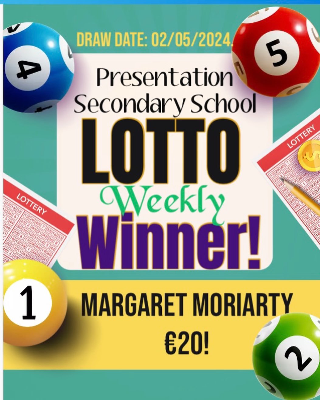 LOTTO WEEKLY WINNER! Congratulations to our very own Margaret Moriarty in the office, winner of this weeks Lotto draw of &euro;20. The main jackpot rolls over to next week. 

Again, many thanks for your support. If you can contribute 3 lines for &eur