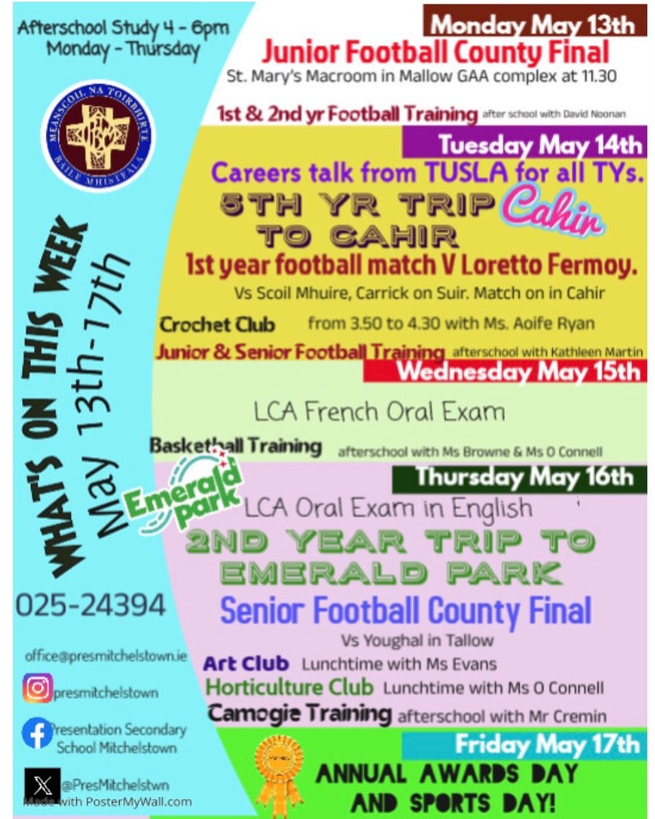 🤩WEEKLY EVENTS MAY 13th -17th 🤩What a week ahead for Pres! A junior AND senior County final, 1st yr football match, 2nd &amp; 5th year tours &hellip; and to top it off our Annual awards and sports day! Lots to see this week, keep an eye on socials 