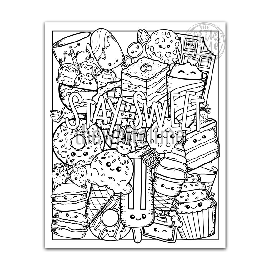 DESSERTS Cute Digital Coloring Page, Sweets Doodle Adult Coloring Book,  Printable Colouring Sheet, Instant Download!