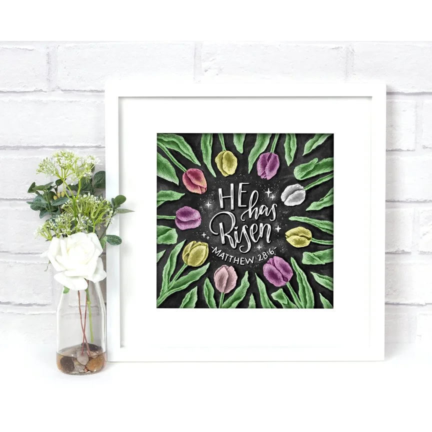 He has risen, He is risen, Chalkboard Art Print, Easter Art, Tulips