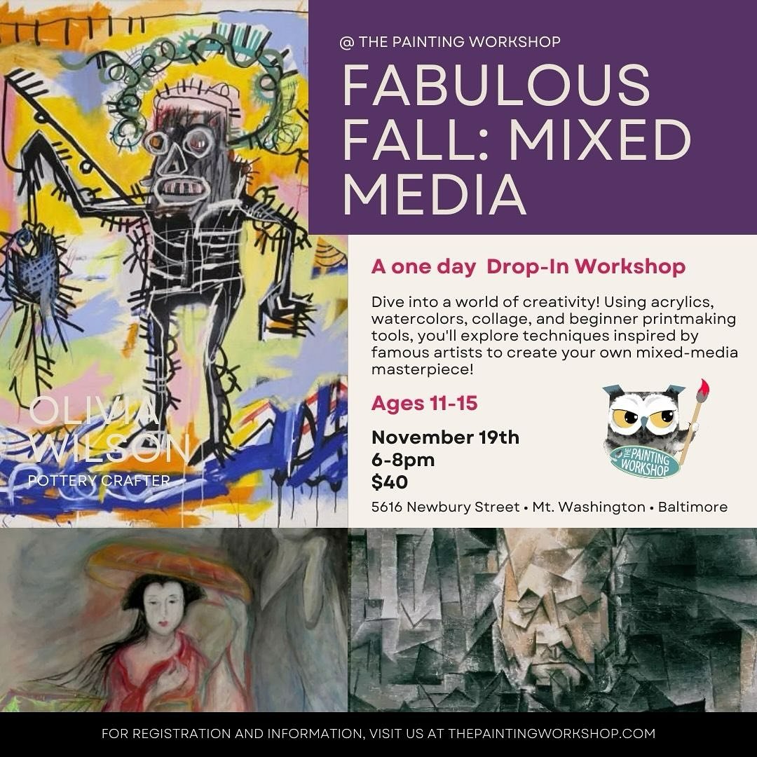 π Fabulous Fall: Mixed Media Workshop π
Calling all young artists ages 11-15! Join us on November 19th from 6-8pm for an evening of fall-inspired creativity. This mixed media workshop is a perfect way to capture the colors and textures of the seaso