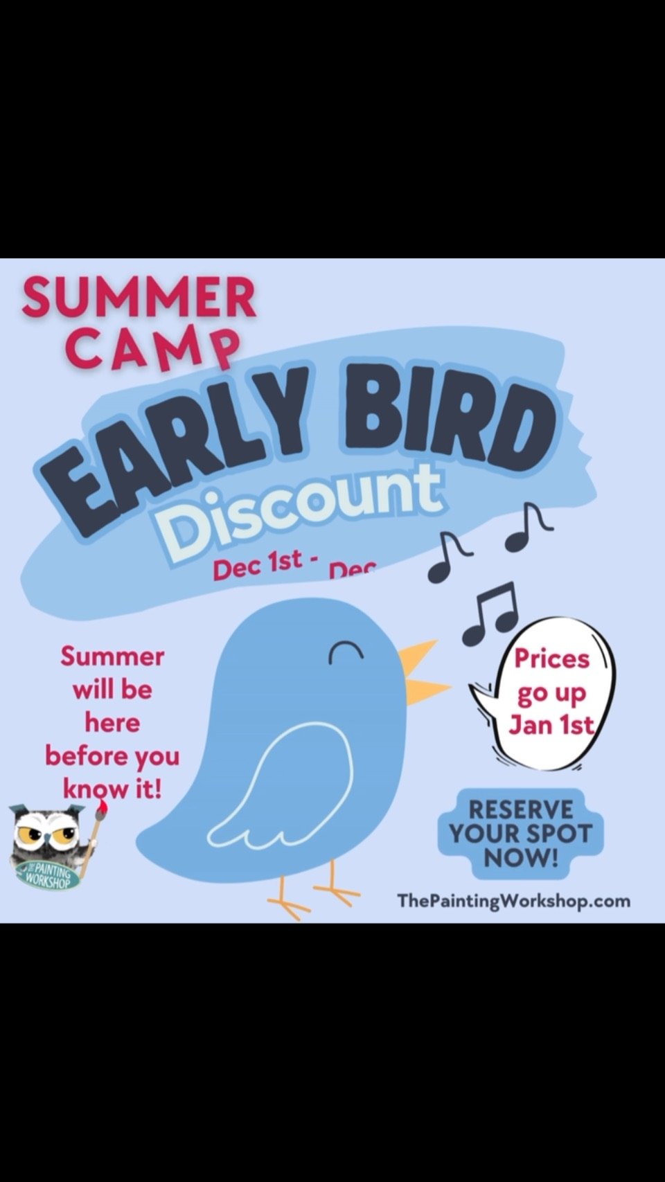 ππ¨ Get Ready for a Summer of Creativity! π¨π
β¨ Summer Camp Early Bird Discount is here! β¨ From December 1st through December 31st, secure your child’s spot at our fun-filled, imagination-packed Summer Art Camps at a discounted rate. π
β³ D