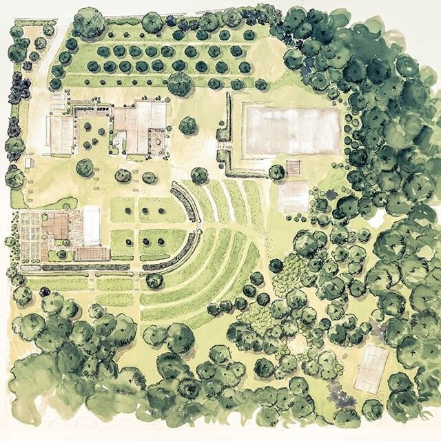 A watercolor masterplan for a property in CT. Re-imagined terraces and courtyards, an orchard in long grasses, local stone retaining walls and pleached trees with native wildflower meadows and topiary will create garden rooms and a sense of place for