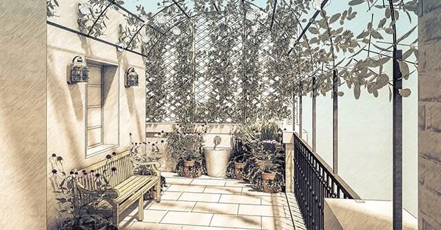 An initial render for a side terrace off the  penthouse. Long city views will be framed by vines trained up a custom arbor, and the city noise masked by the little water feature.
