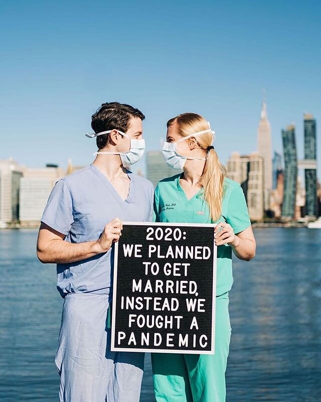 Maddie (@maddiehunt, an ER resident) and Noah (@nmarchib7, an anesthesiologist) at NYU Langone Hospital have been on the front lines of the COVID-19 pandemic. ❤️🙌
.
&ldquo;Several weeks ago we made the decision to postpone our wedding a year. We did