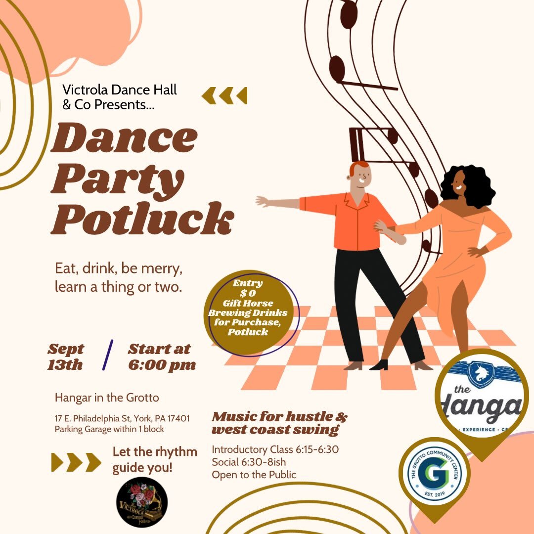 Tomorrow!
Save the date for 2nd Sundays June-Oct to socialize and hit the fast dance floor at Hangar York.

🪩 Potluck for din dins and garden 🪴 bounty share.

🪩 Crash 💥 class in Hustle from 6:15-6:30 available by request for nights you bring a fr