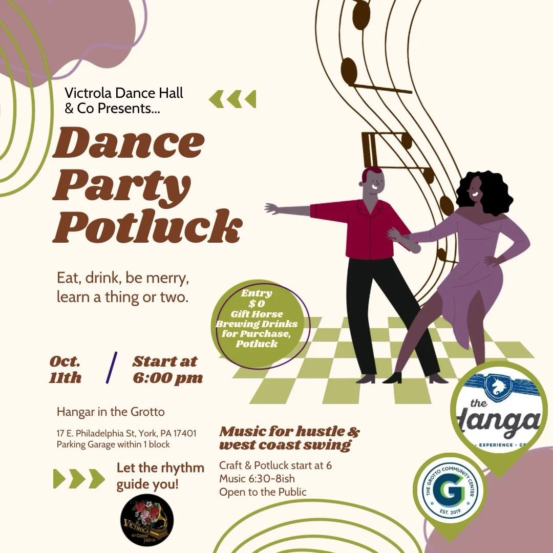 Save the date for 2nd Sundays June-Oct to socialize and hit the fast dance floor at Hangar York. * We'll be having a special holiday dance in January and then starting back up in April*

🪩 Potluck for din dins and garden 🪴 bounty share.

🪩 Crash ?