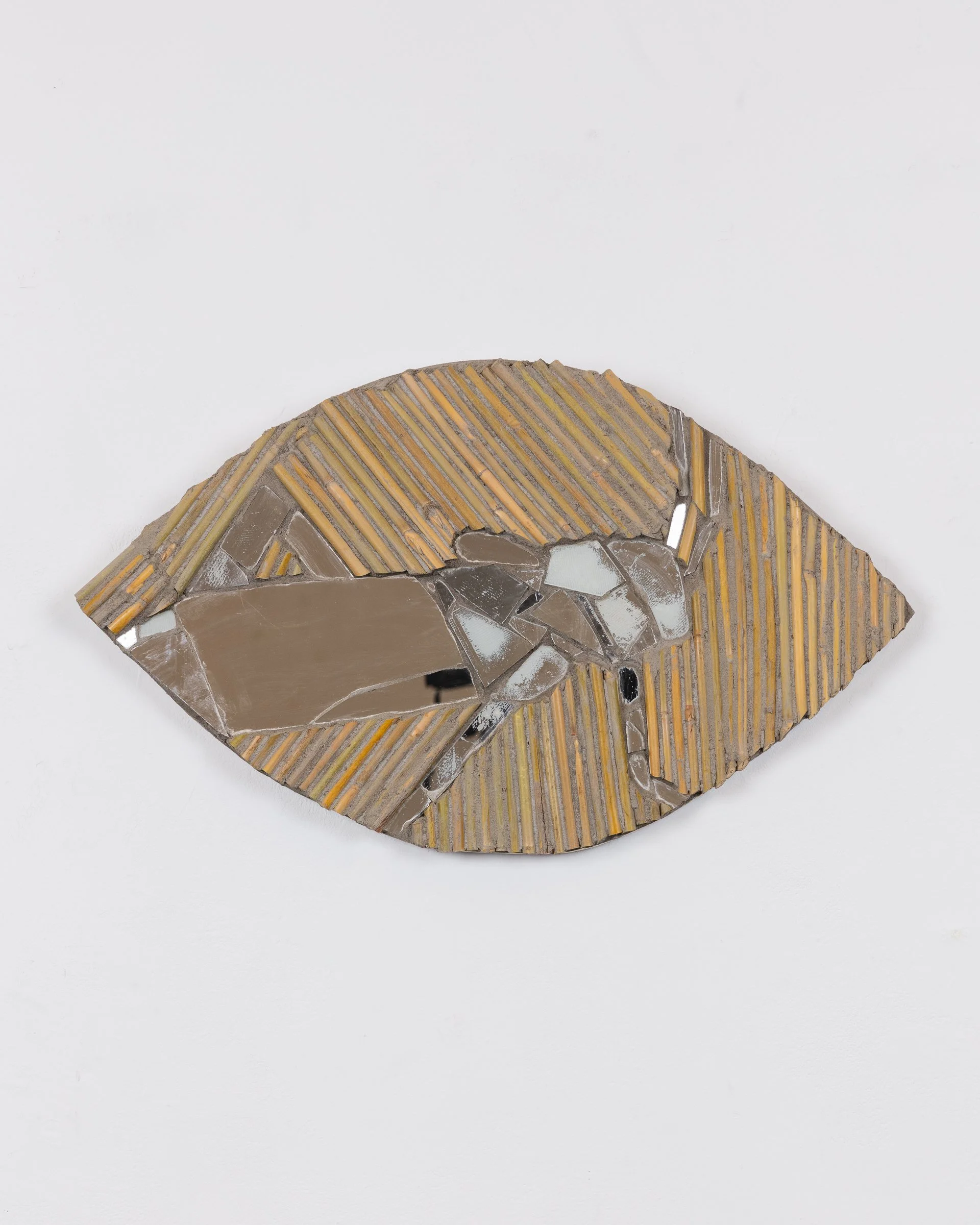   Cricket Eye, (Chance Destiny Trophies), 2024                                    Mirror, bamboo and mortar on compressed foam board, 23” x 13½” 