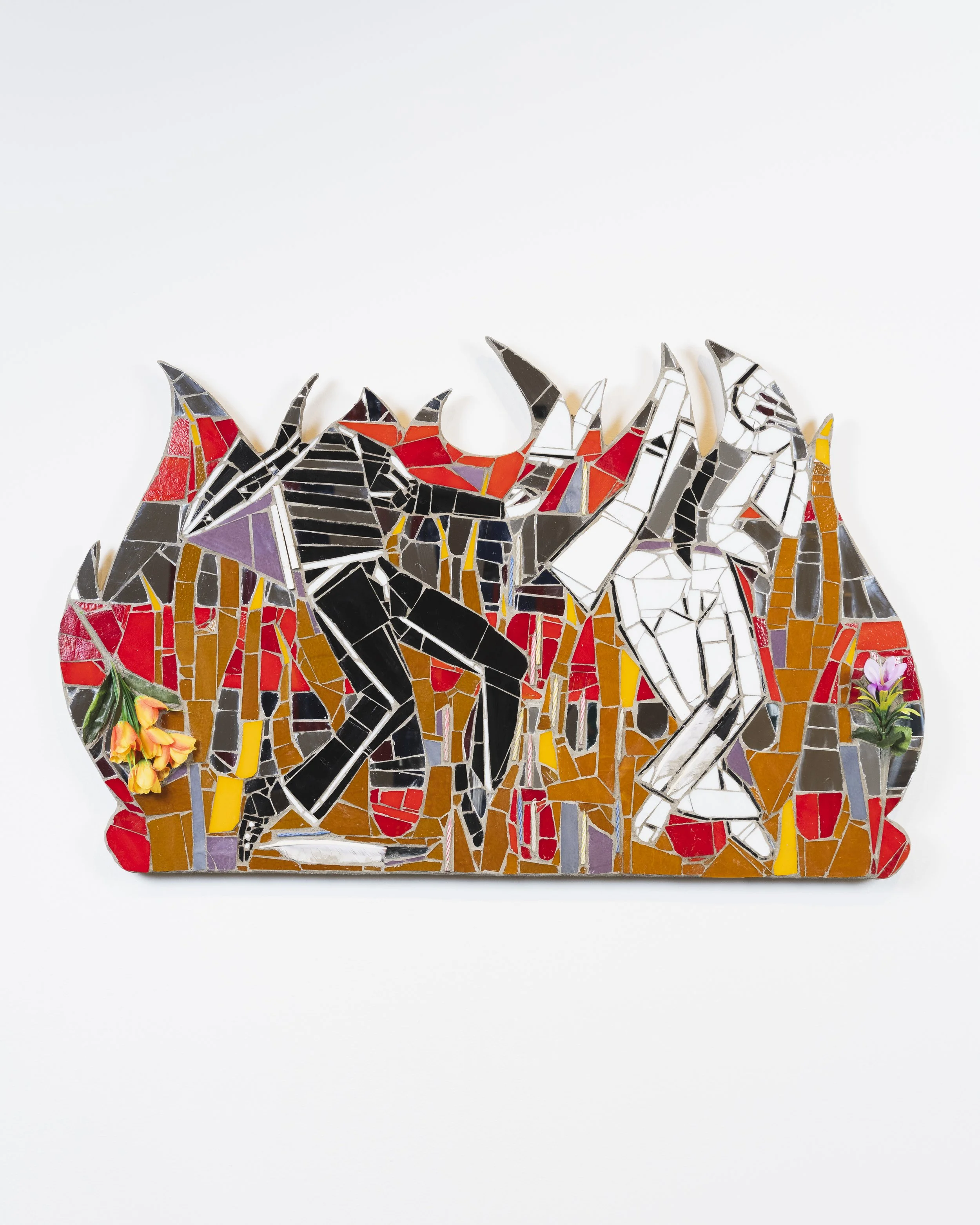 A Light for a Feather, 2025 Plastic flowers, eagle feathers, birthday candles, mosaic glass, mirror, mortar on compressed foam board, 24.5” × 39”