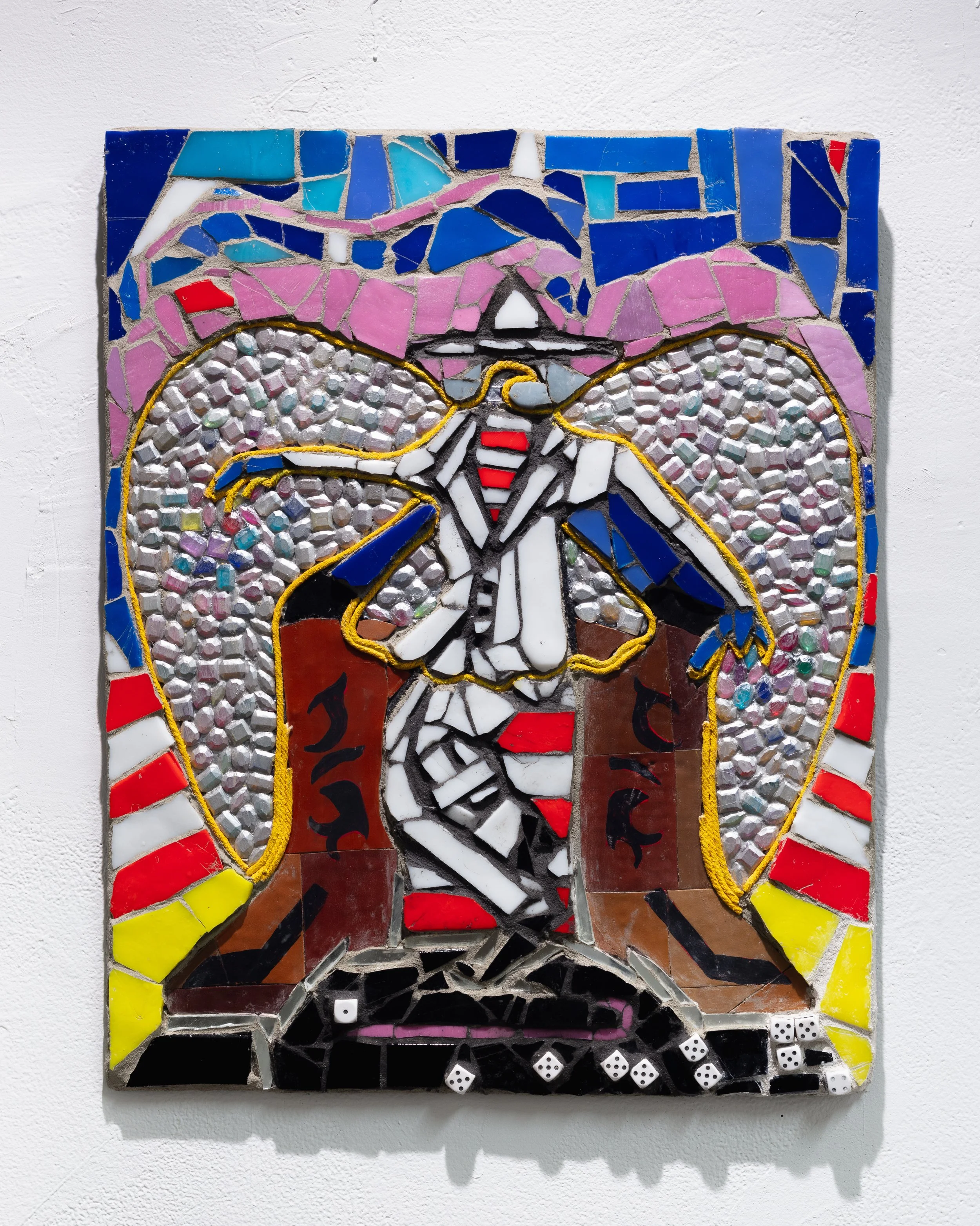   Malandro Presley, 2023 (detail)  Mosaic tile, acrylic paint, rhinestones, rope, pleather, house paint, dice, mirror, mortar on compressed foam board, 16” x 20”  