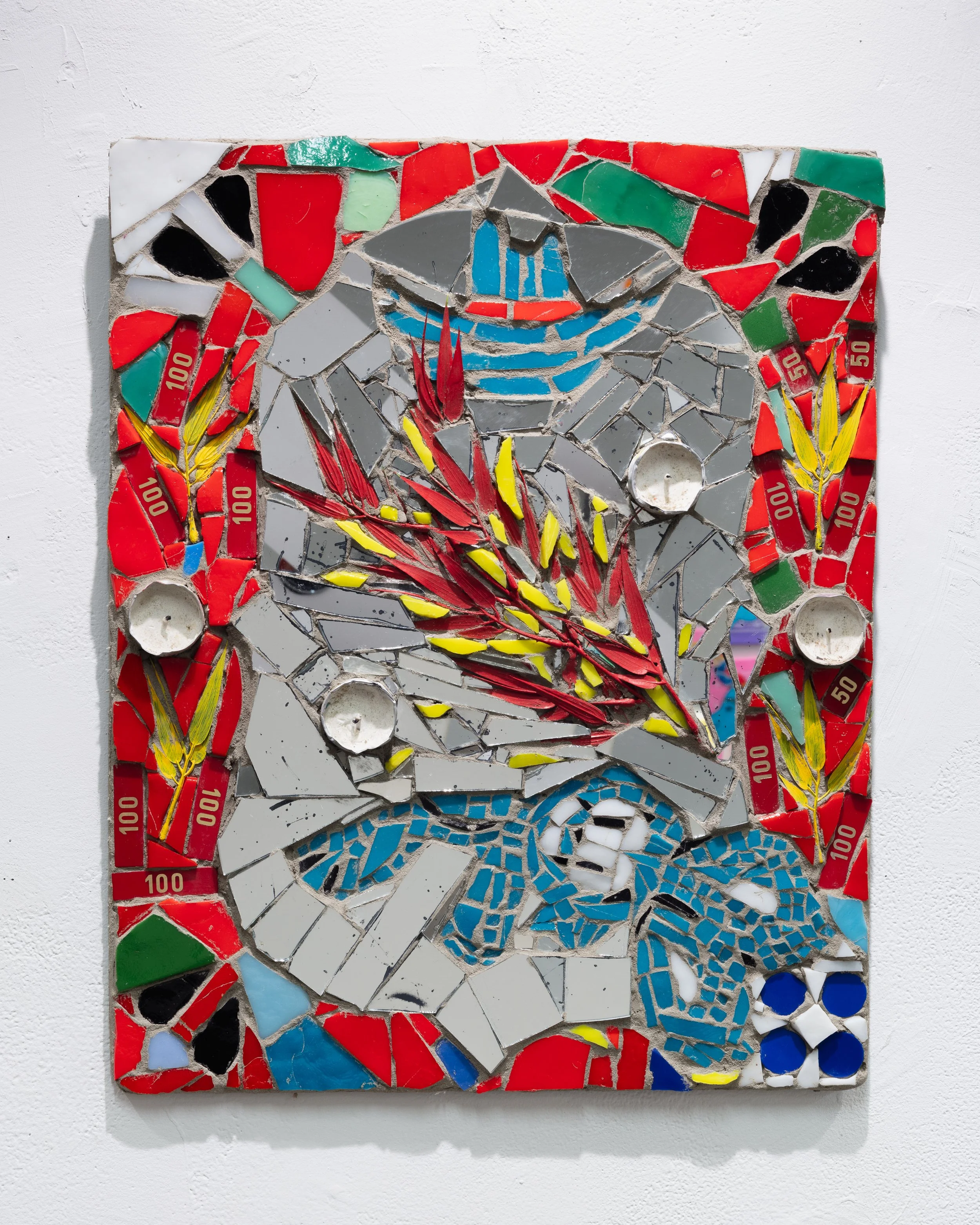   A gift, a weapon and a companion, 2023 (detail)  Mosaic tile, bingo chips, plastic palm, candles, mirror, mortar on compressed foam board, 16" x 20”  