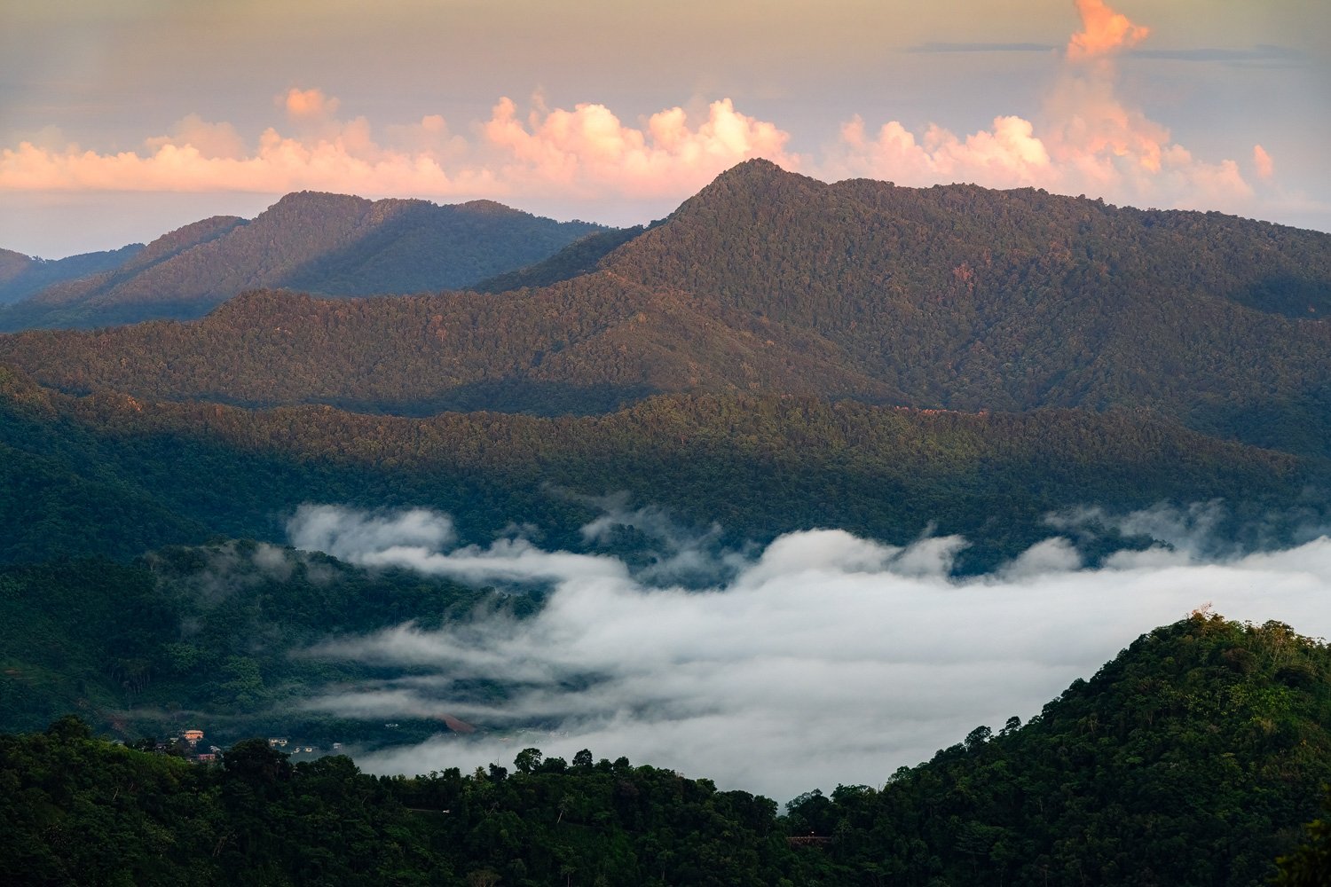 "Veiled Valley" 2024. Mountains of the northern range and the Santa Cruz Valley lit up from the setting sun, Trinidad.