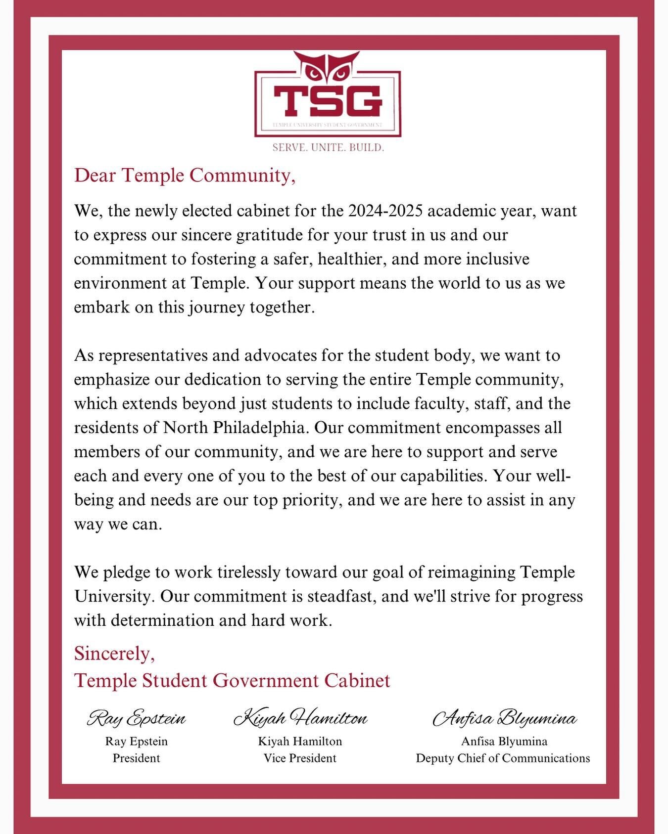 A message to the Temple community from your newly elected cabinet🍒