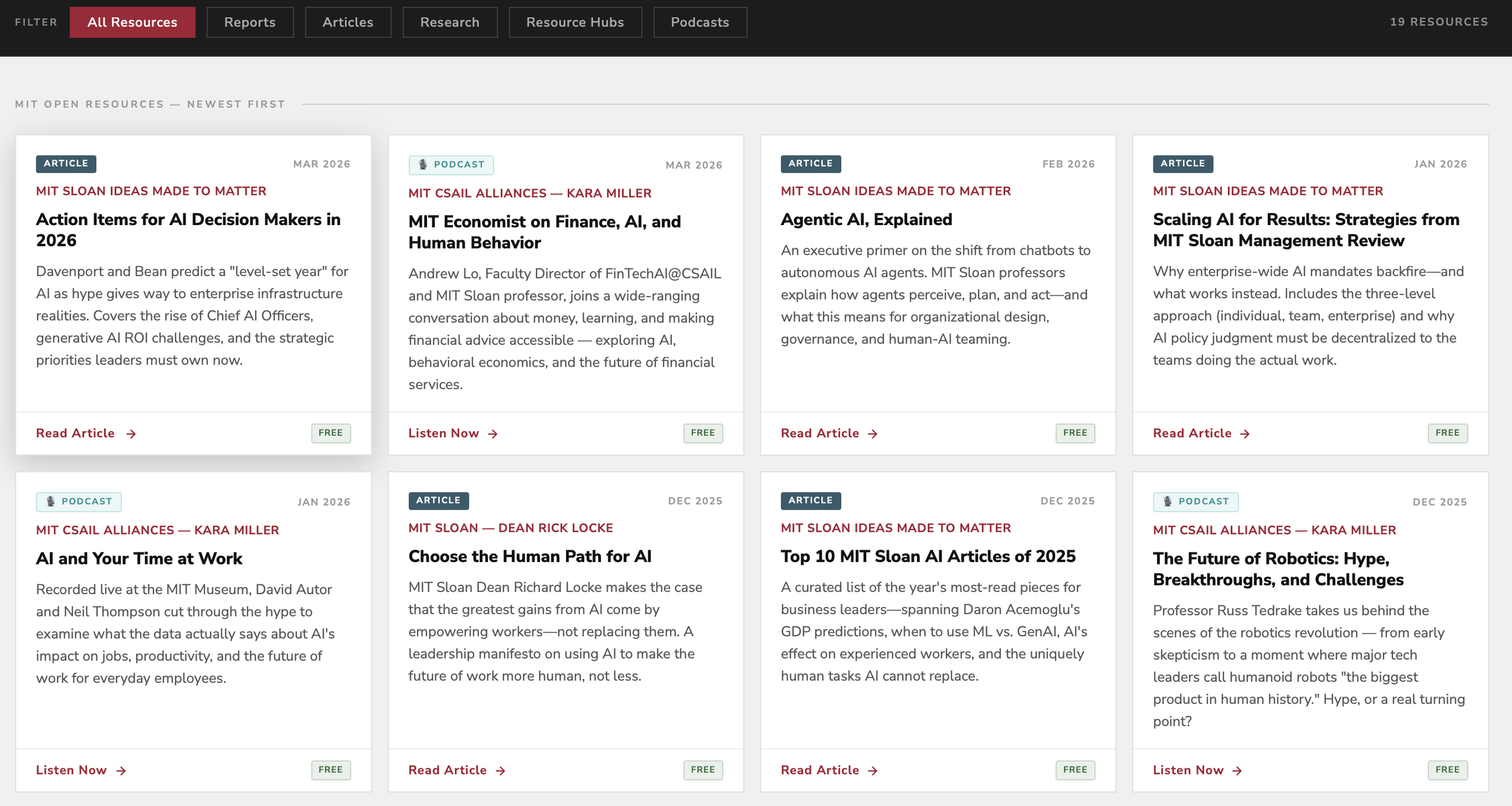 Several resources from MIT online sources that are filtered and sorted with podcasts and articles.