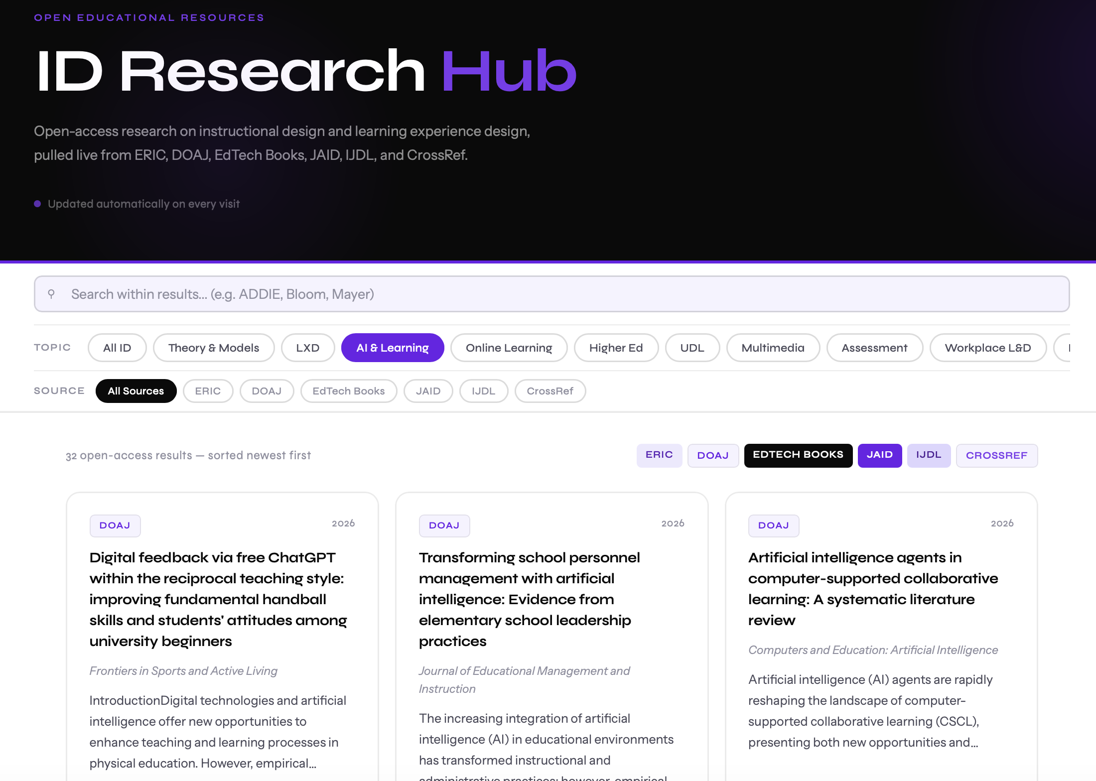 The ID Research Hub mock website that shows filtering through different academic sources for IDs.