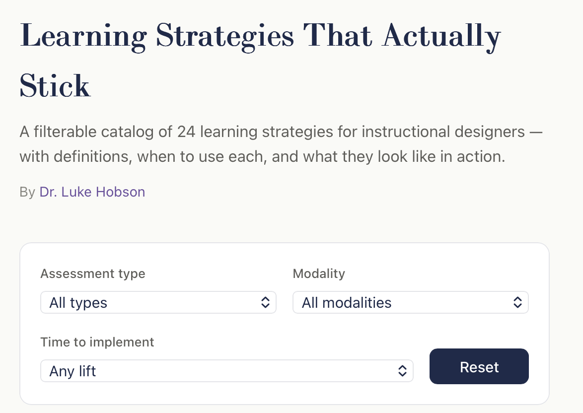 The image of the learning strategies that actually stick tool. It shows multiple filtering systems for assessment type, modality, and time to implement.