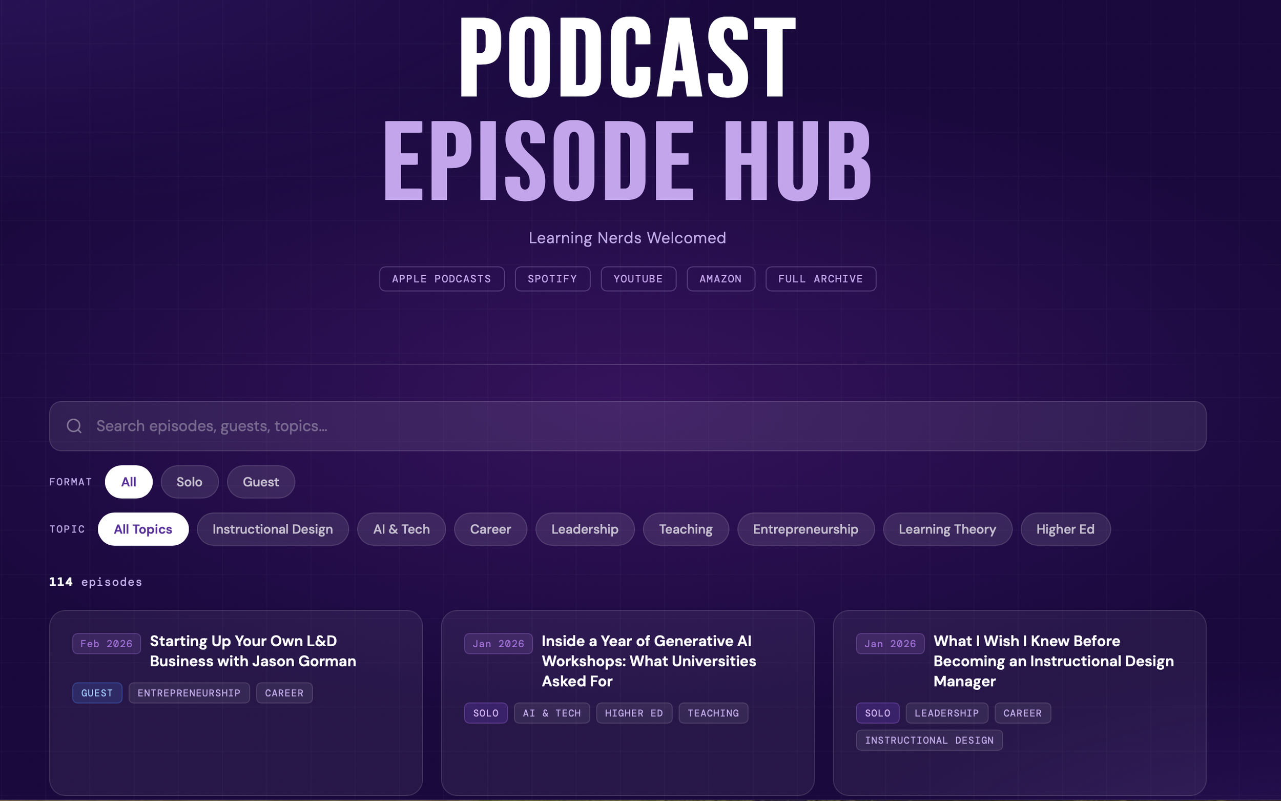 The podcast episode hub for the dr. Luke hobson podcast that allows you to sort by different filters.