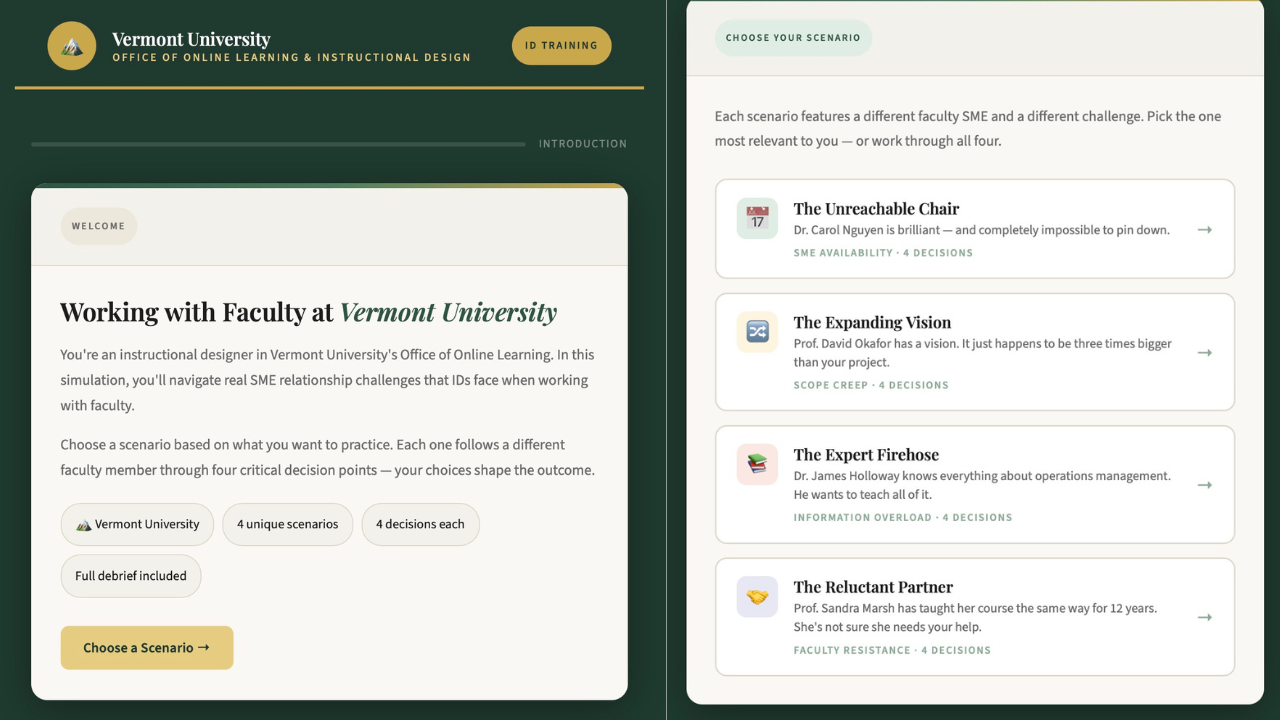 A simulation called Working with Faculty at Vermont University. The simulation shows multiple scenarios to play through.