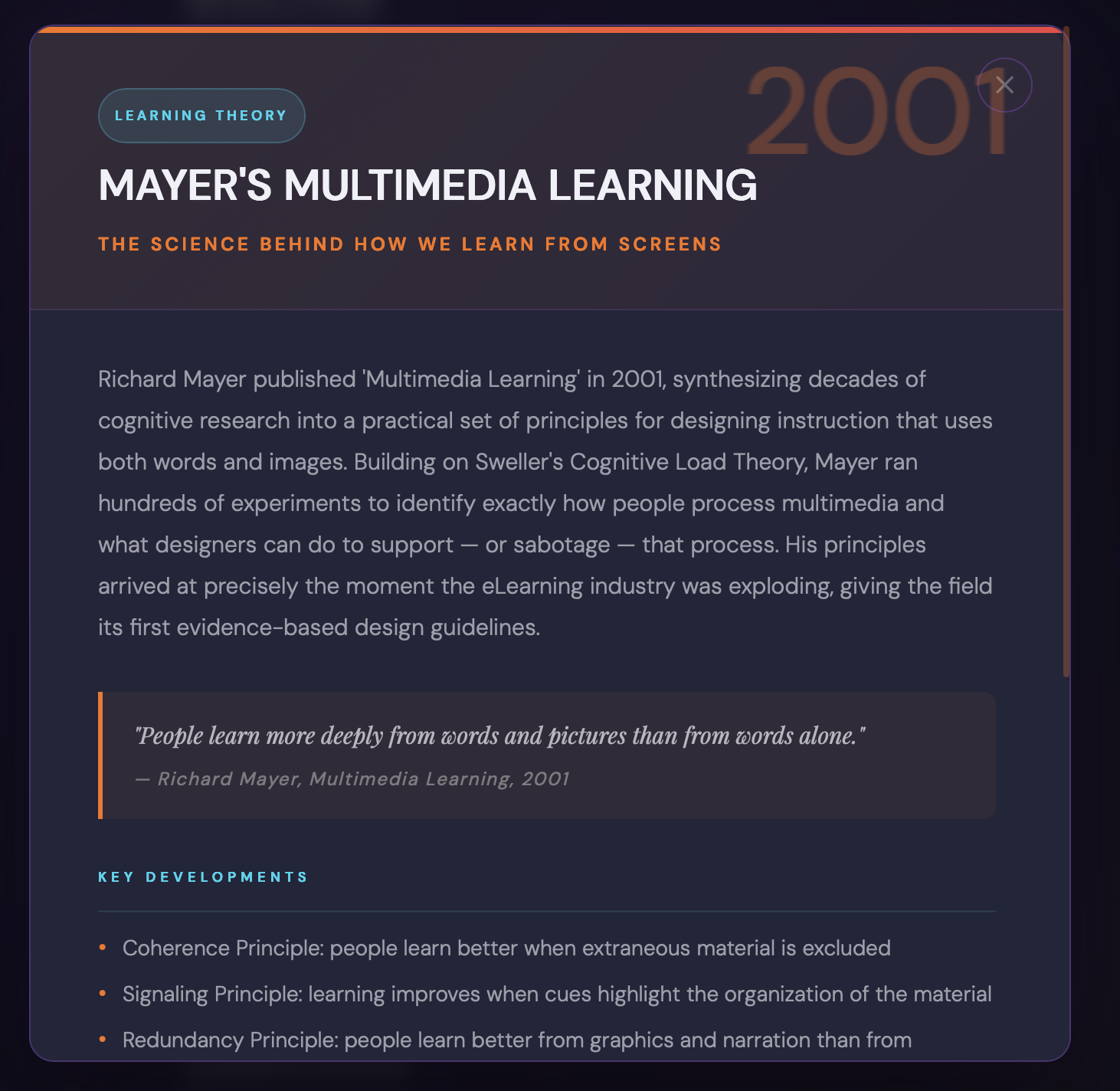 A highlight of Mayer's Multimedia learning from 2001 that came from the ID timeline.