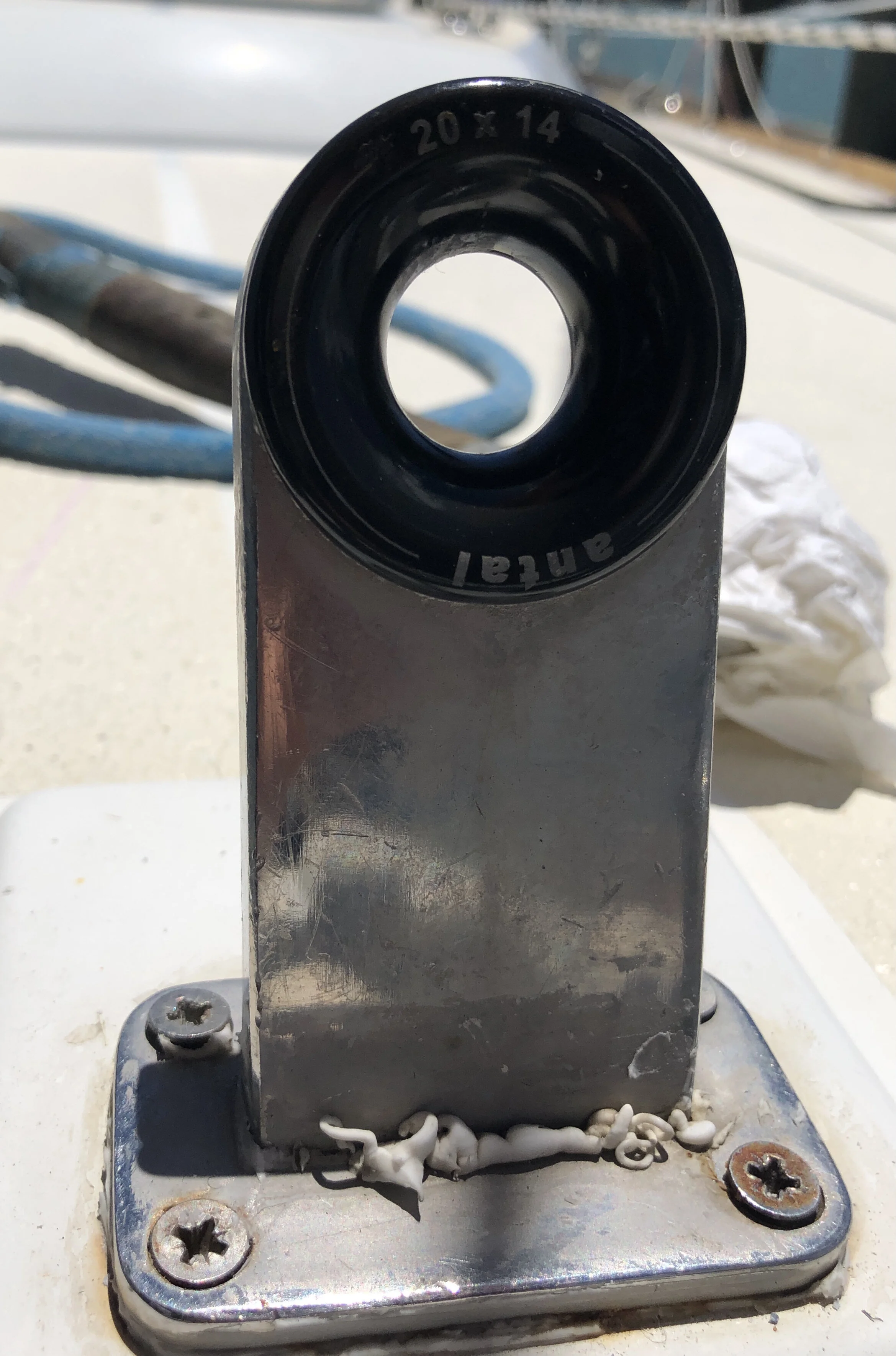 Standard Beneteau staysail chainplate, milled out to take, on the the forward side a low friction ring. I turned a flat surface and 2 degree taper to the outside and the same to the chainplate. The ring was made .003” larger and shrunk/heatshrunk, f…