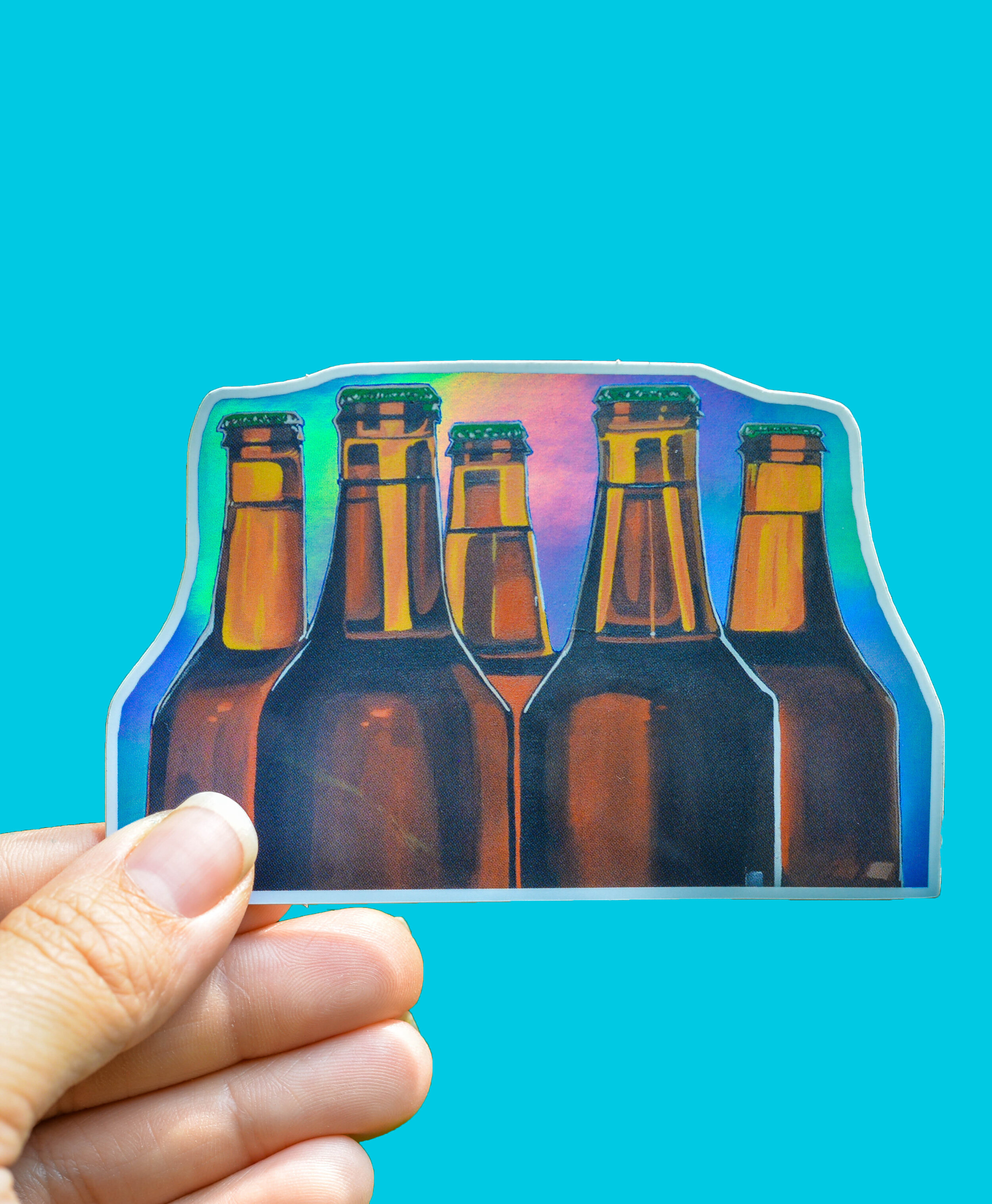 Beer Bottles Sticker with Holographic Background