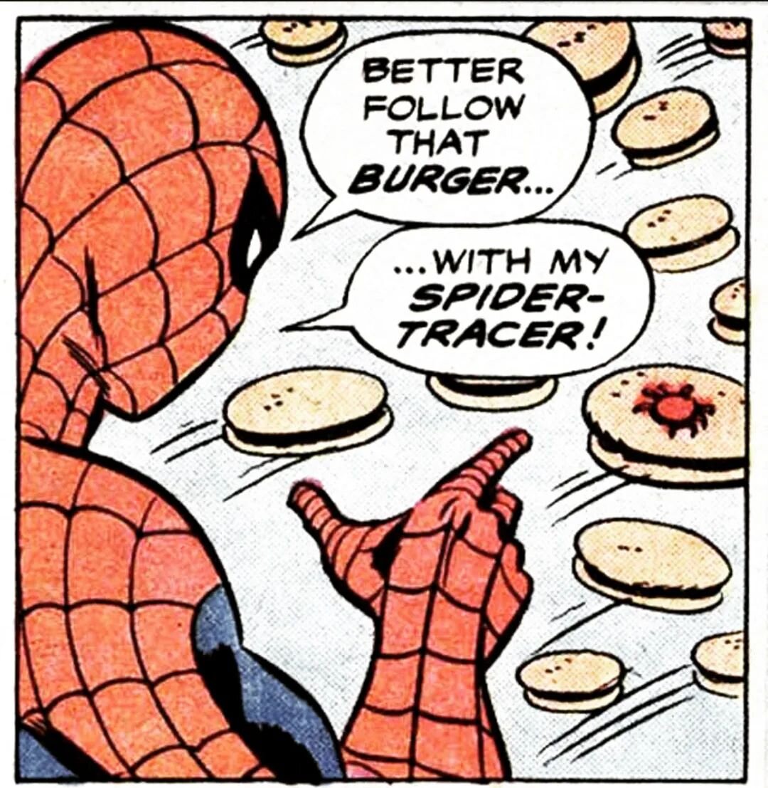 No need to use spider tracers. Just come on down or call we got burgers 7 days a week! #burgers #spiderman #comics #burger #hothamburgersandwich