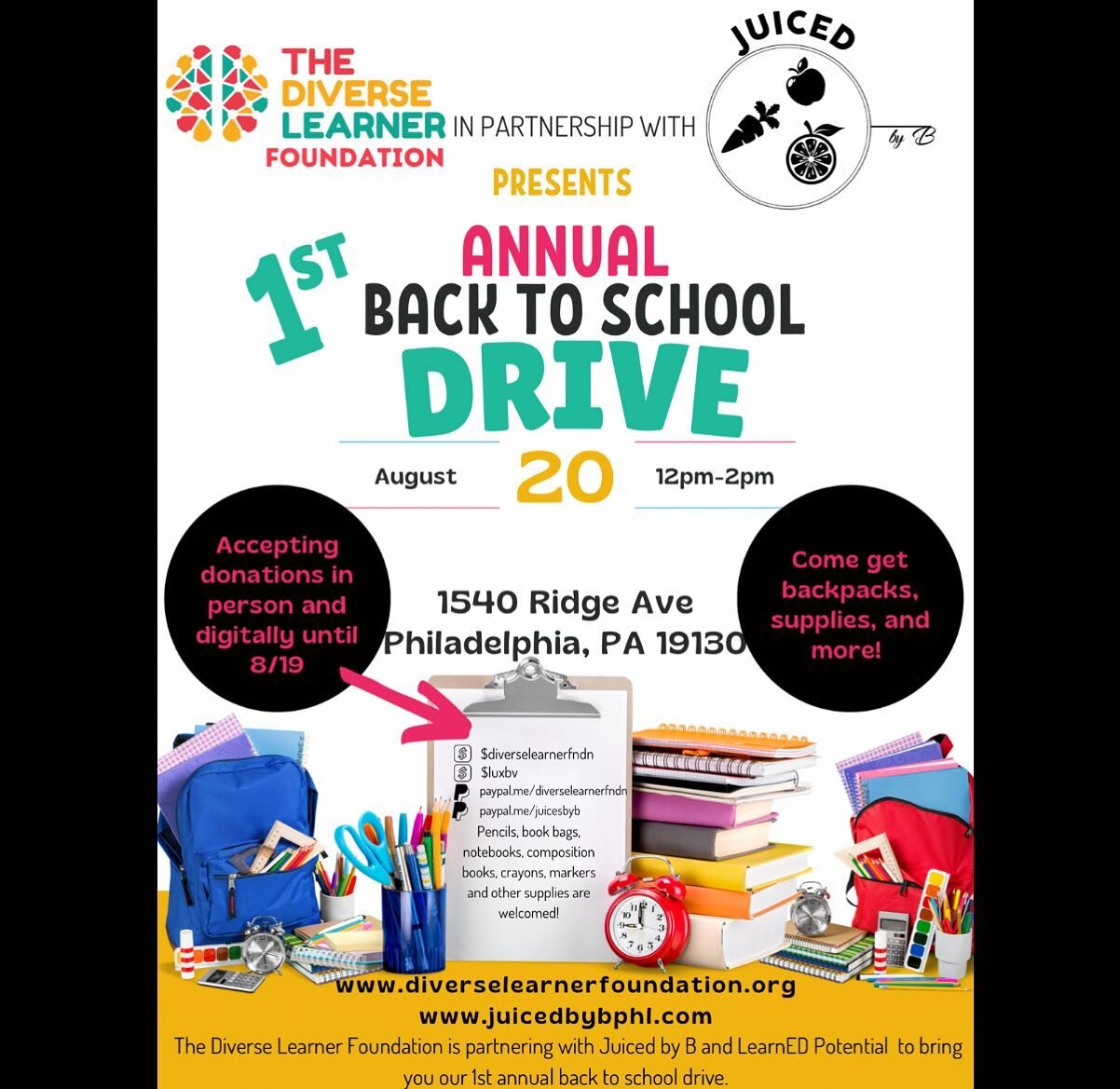 Hey Potential Peeps! We are excited to announce our 1st annual back to school to drive in partnership with @diverselearnerfoundation and @juicedbyb . We are looking forward to the opportunity to give back to our communities in Philly and Trenton. On 