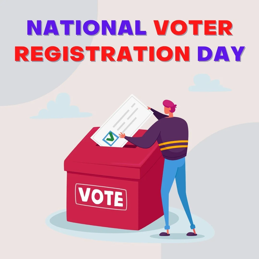 Graphic illustration by the University of Florida of a person putting their ballot into a ballot box. Text above reads "National Voter Registration Day".
