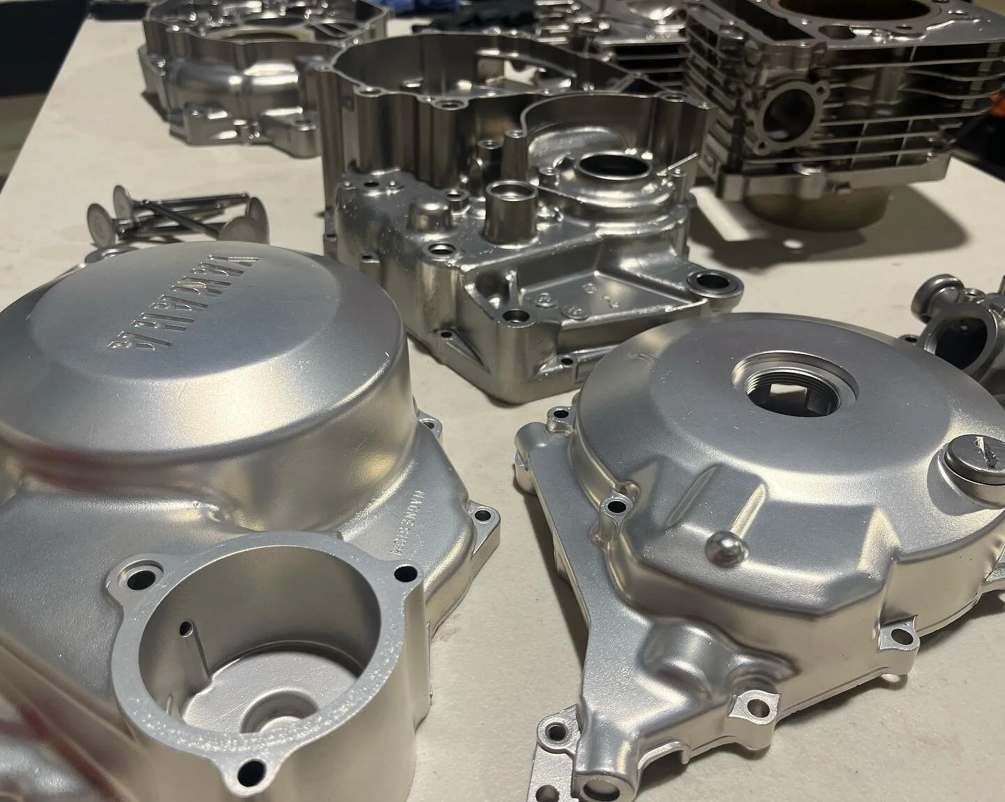Some old 500cc engine parts. A customer had removed most of the paint/powder coating and wanted them cleaned up nice to be left raw/unpainted. They cleaned up well.