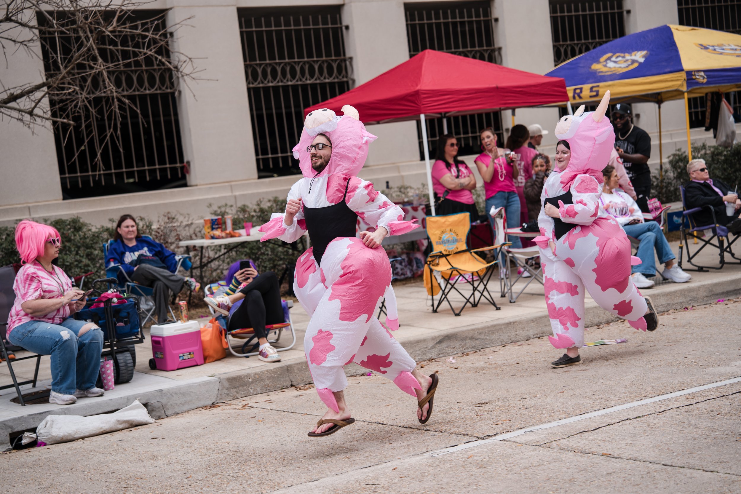 People dressed in pink cow onesies running in a parade along the street, with spectators sitting and standing under tents and umbrellas.
