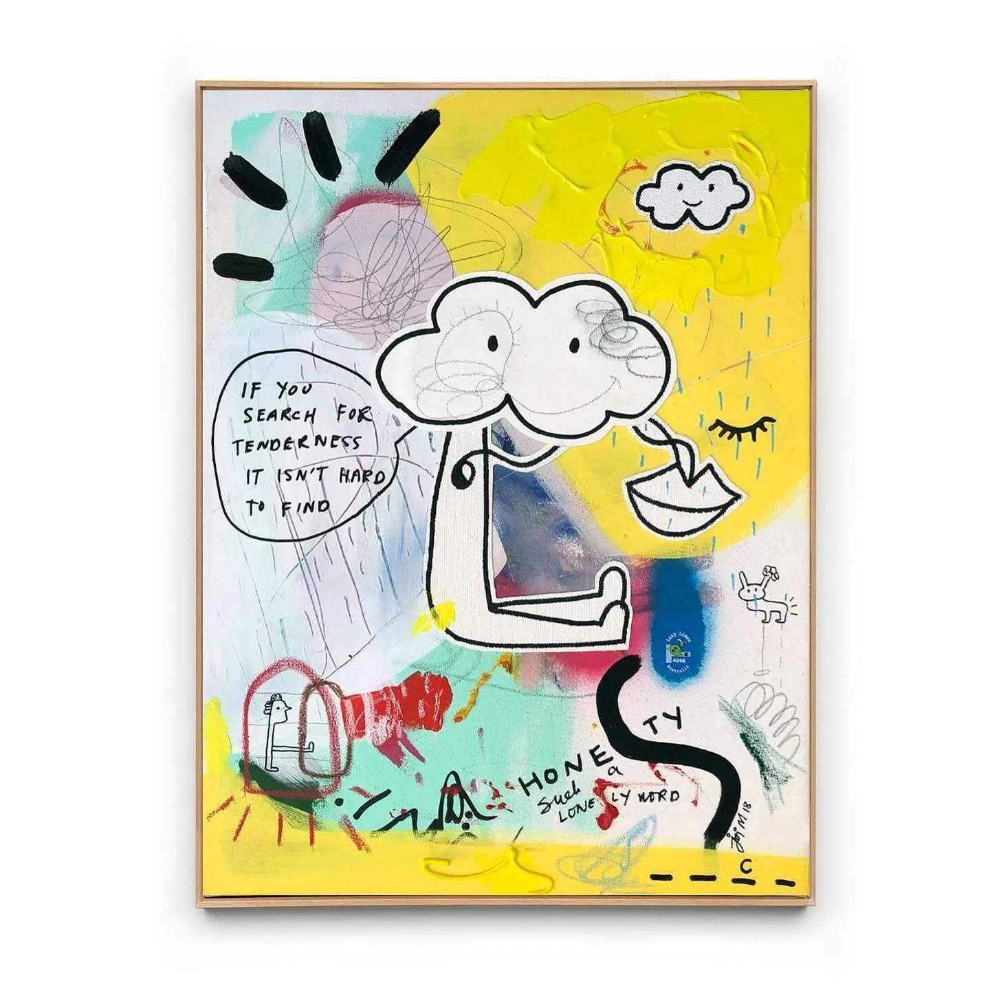 Such a lonely word
Oil pastel, acrylic, fruit sticker, graphite on canvas 
40x30cm