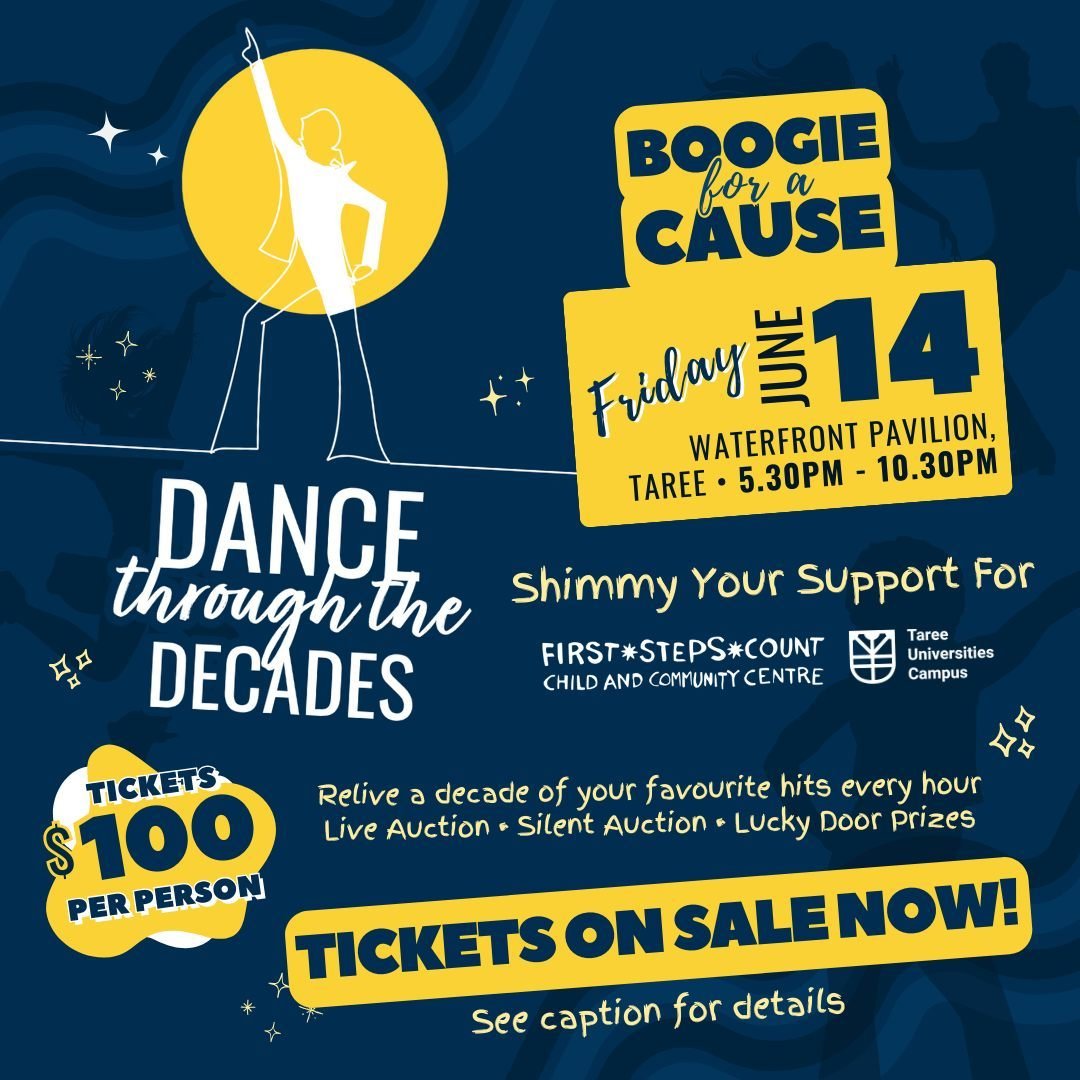 Get ready to step back in time and dance for a cause! 🎶 ⁠
⁠
Join us at Dance Through the Decades Fundraiser on June 14th, from 5:30 PM to 10:30 PM at the Waterfront Pavilion in Taree. 🌟 ⁠
⁠
Don't miss out on this unforgettable evening of music, auc