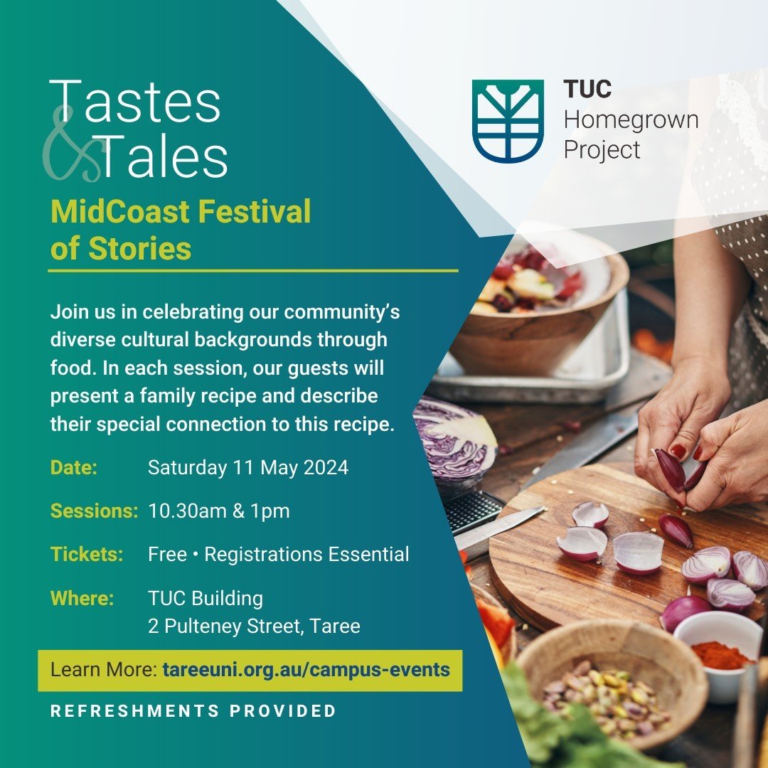 COMING UP THIS WEEKEND! Tastes &amp; Tales: Part of MidCoast Festival of Stories 🥗⁠
⁠
Family recipes are rich with flavour, stories and culture. Join us in celebrating our community&rsquo;s diverse cultural backgrounds through food. In each session,