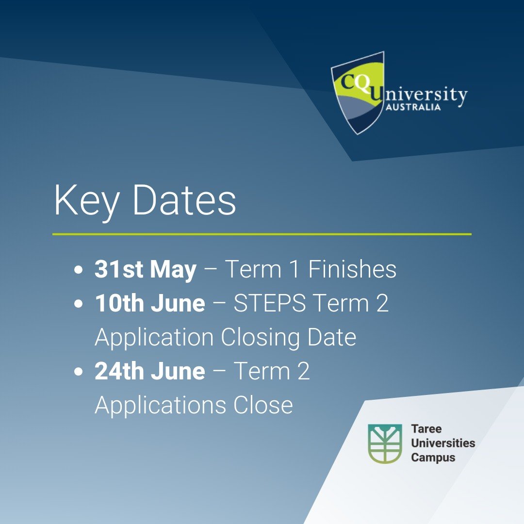 📍 Key Dates📍 Key @cquniversity:

🗓️ 31st May &ndash; Term 1 Finishes 
🗓️ 10th June &ndash; STEPS Term 2 Application Closing Date 
🗓️ 24th June &ndash; Term 2 Applications Close 

For more info:

See the link on our bio.

🔗 For important CQU dat