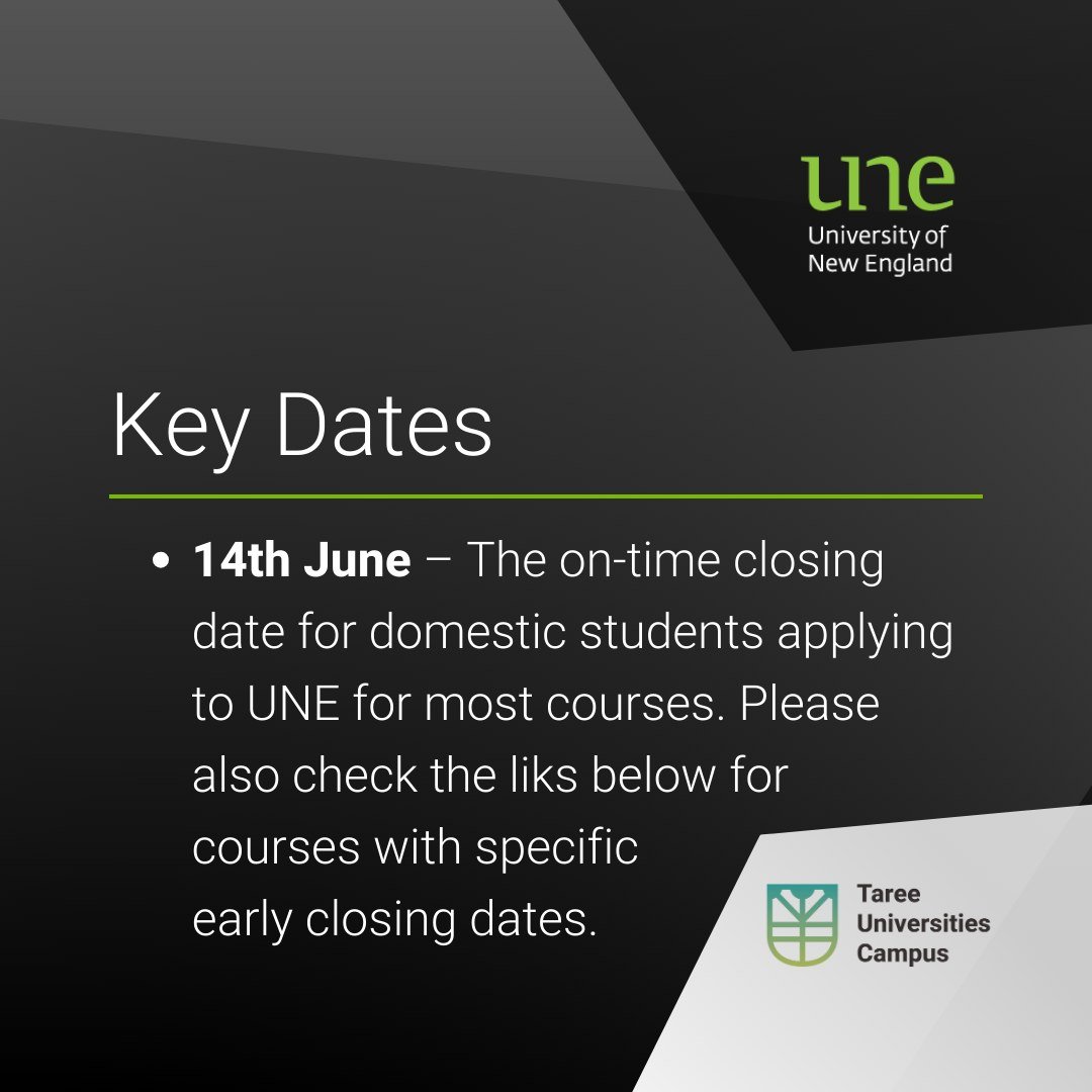 Save the Date 📍 Key Dates for University of New England @uninewengland:

🗓️ 14 June &ndash; The on-time closing date for domestic students applying to UNE for most courses.

For more info:
See the link in our bio.

🔗 Application &amp; admission da