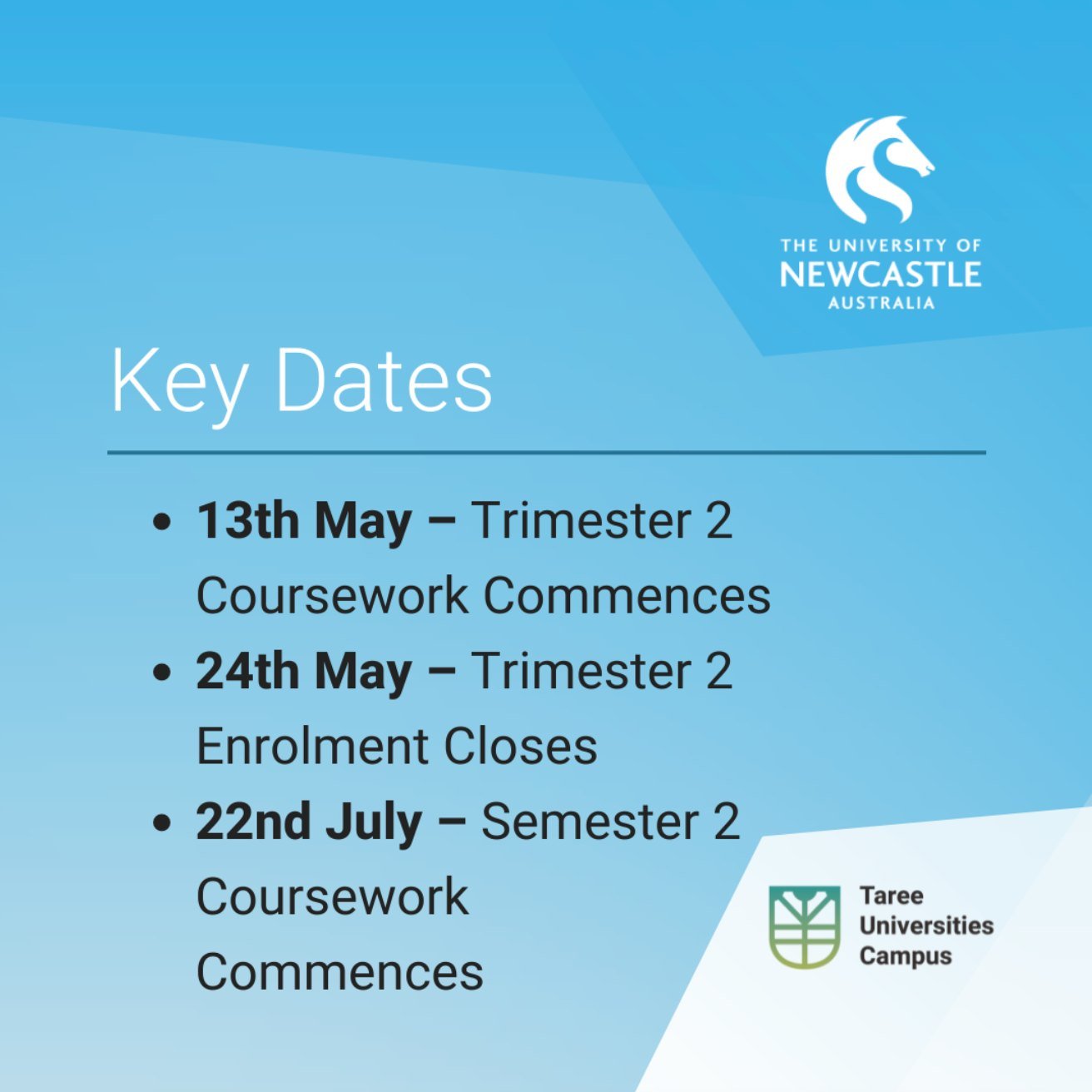 @uni_newcastle University of Newcastle
Bachelor of Construction Management
⁠
Important dates for Construction Management

Trimester 2 Enrolment Closes: Mon 24 May 
Semester 2 Coursework commences: 22nd July

🔗 See the Bachelor of Construction Manage