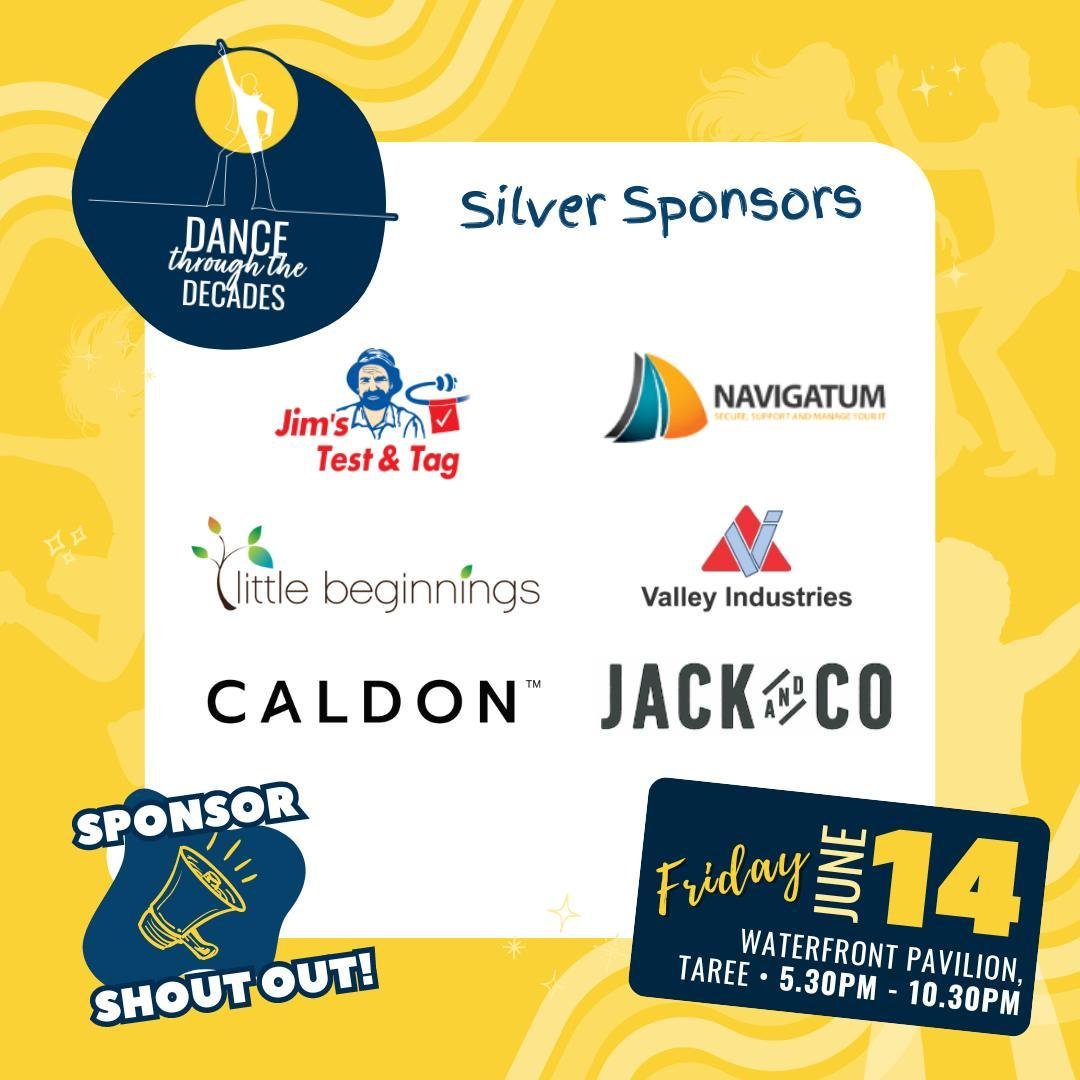 📣 Shoutout to our Silver Sponsors for making Dance through the Decades possible!⁠
⁠
▶️ Jim's Test &amp; Tag⁠
▶️ Pilot Childcare Group⁠
▶️ Caldon Group⁠
▶️ Navigatum⁠
▶️ Valley Industries⁠
▶️ Jack &amp; Co⁠
⁠
These brilliant local businesses are help