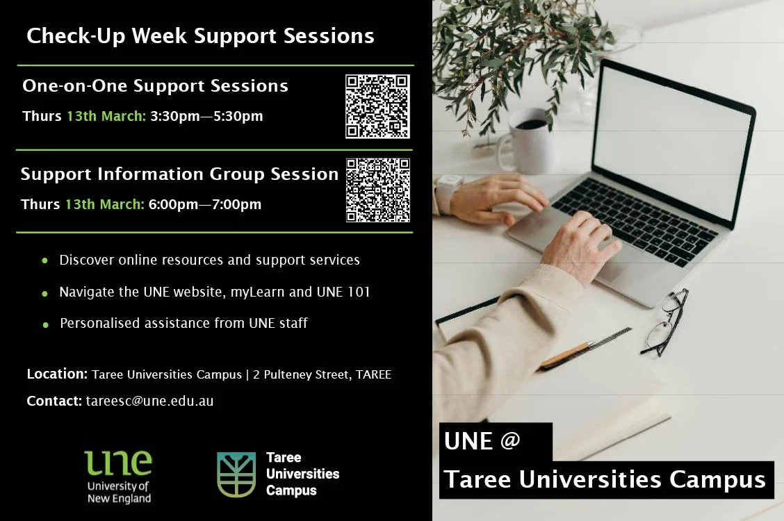 UNE Support Sessions (In person) — Taree Universities Campus | Study ...