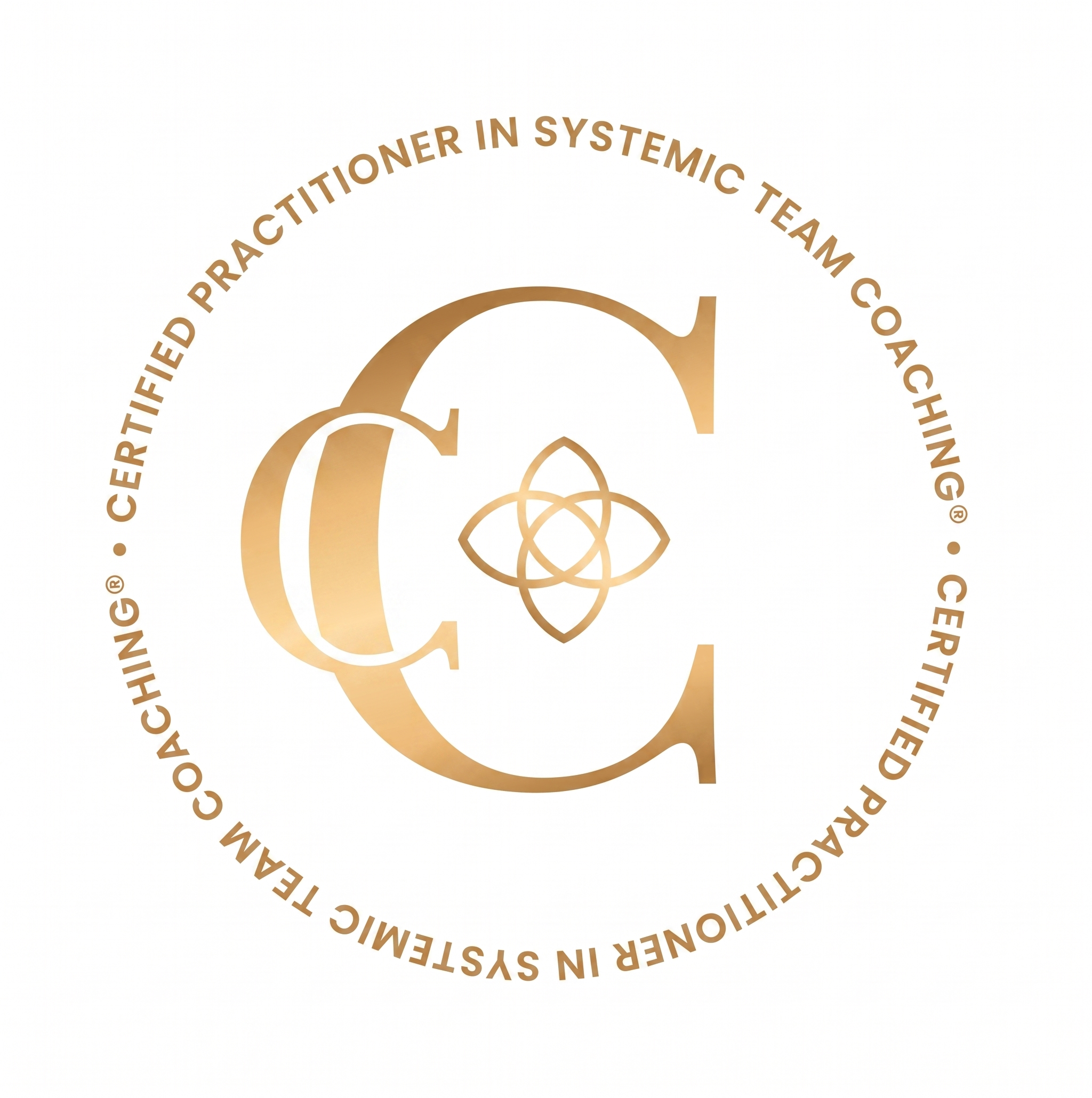 Circular emblem with the text 'CERTIFIED IN SYSTEMIC THERAPY IN SWEDISH EMIR M' written around the top in gold color, and a central decorative design with overlapping circles also in gold.