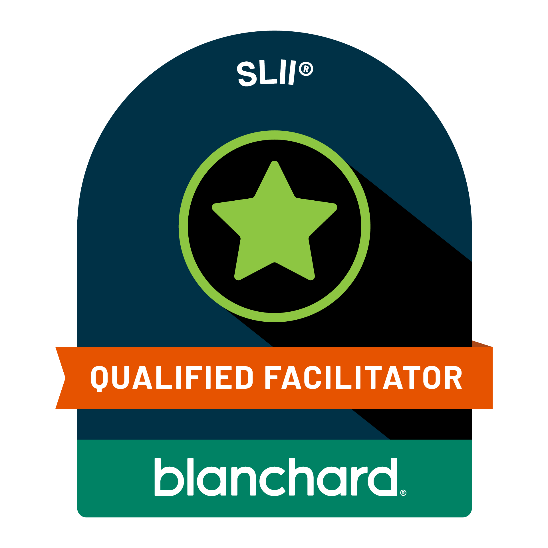 A certification badge with a green star at the center and an orange ribbon that reads 'QUALIFIED FACILITATOR'. The badge has text at the bottom that says 'blanchard'.