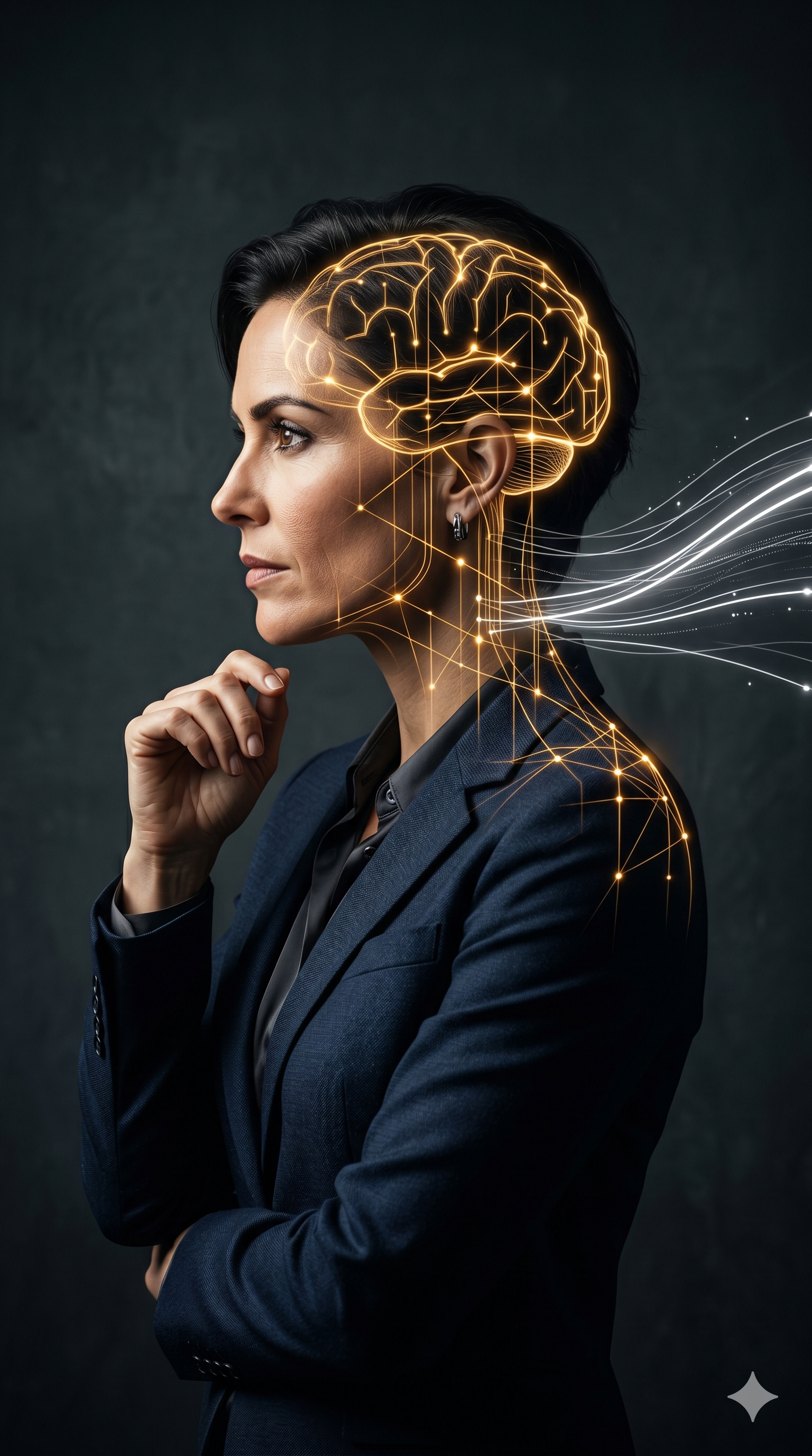 A woman in a business suit with digital brain and neural network overlays, symbolizing artificial intelligence and technology.