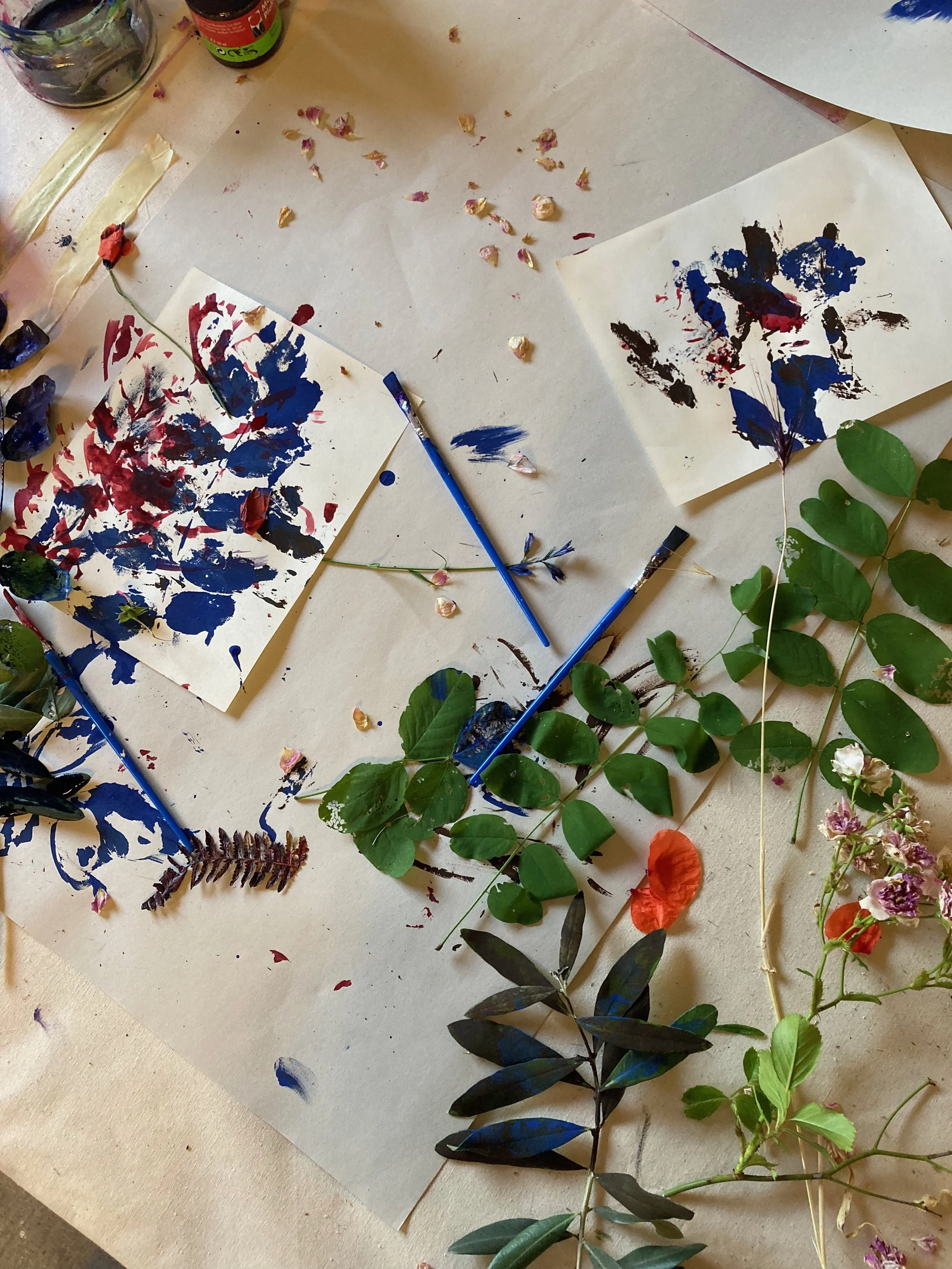 Various pressed leaves, flowers, and botanical artwork on paper. Silk prints made using plants and natural materials as resist forms, showing texture and layered marks   Fine plant elements producing delicate linear impressions on silk