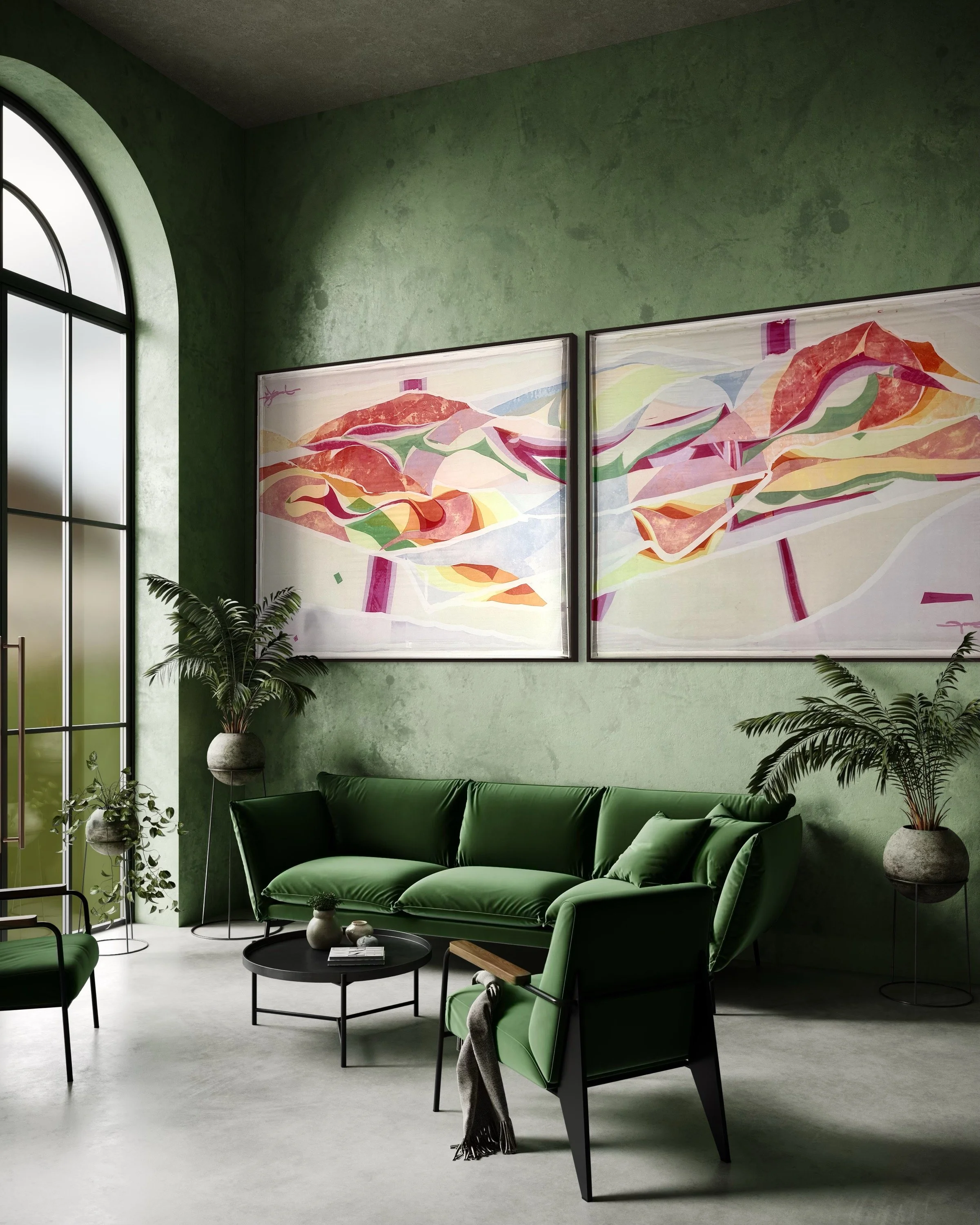 A modern living room with green velvet sofa, matching chair, black coffee table, potted plants, and abstract colorful artwork on a green textured wall with large window.
