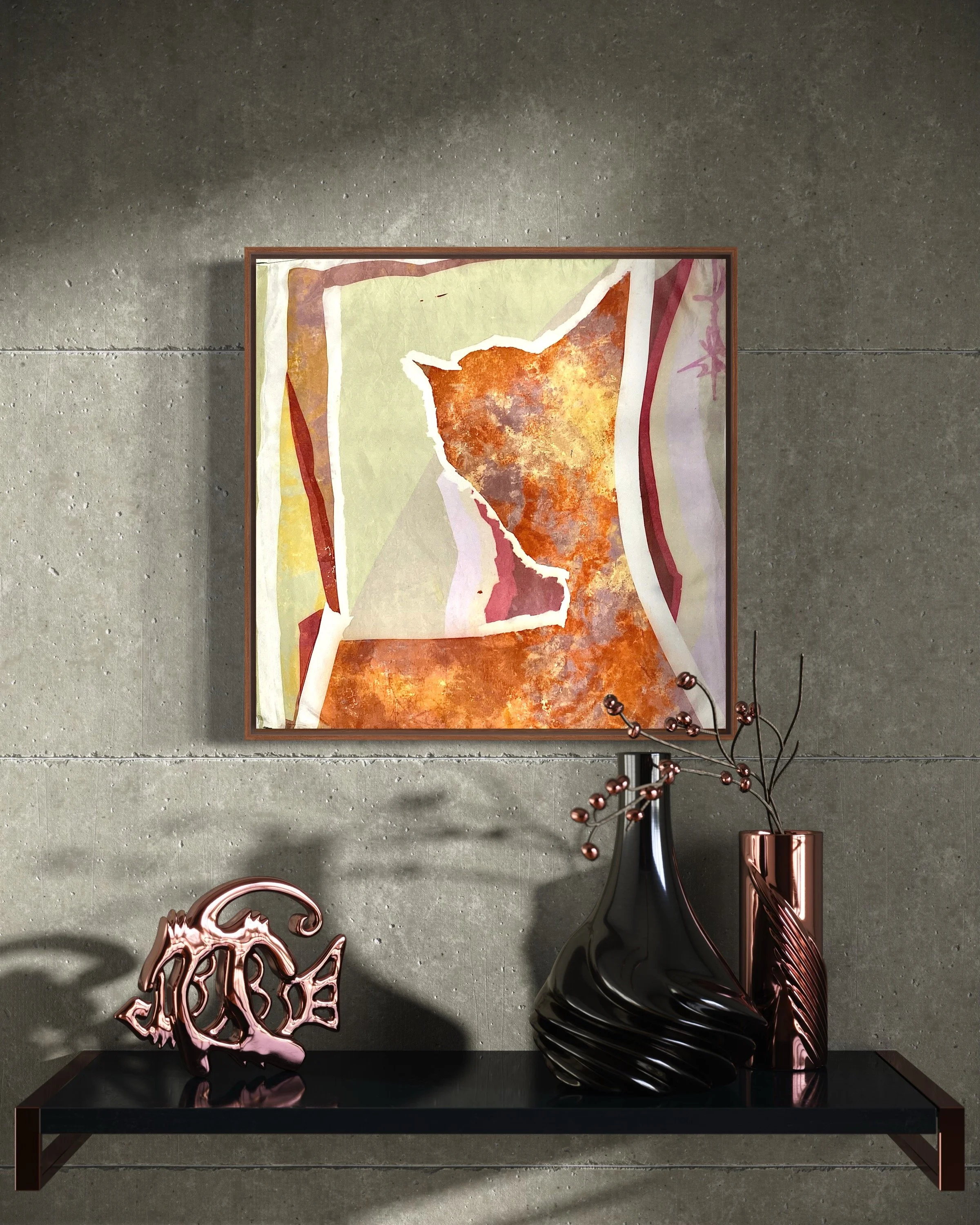 A wall-mounted abstract artwork with earthy tones and irregular shapes, a black vase with a pinkish copper metallic finish, a decorative wire sculpture shaped like a tree with the word 'mama' in cursive, and a copper-colored vase with small branches and berries, all on a black table against a textured concrete wall.