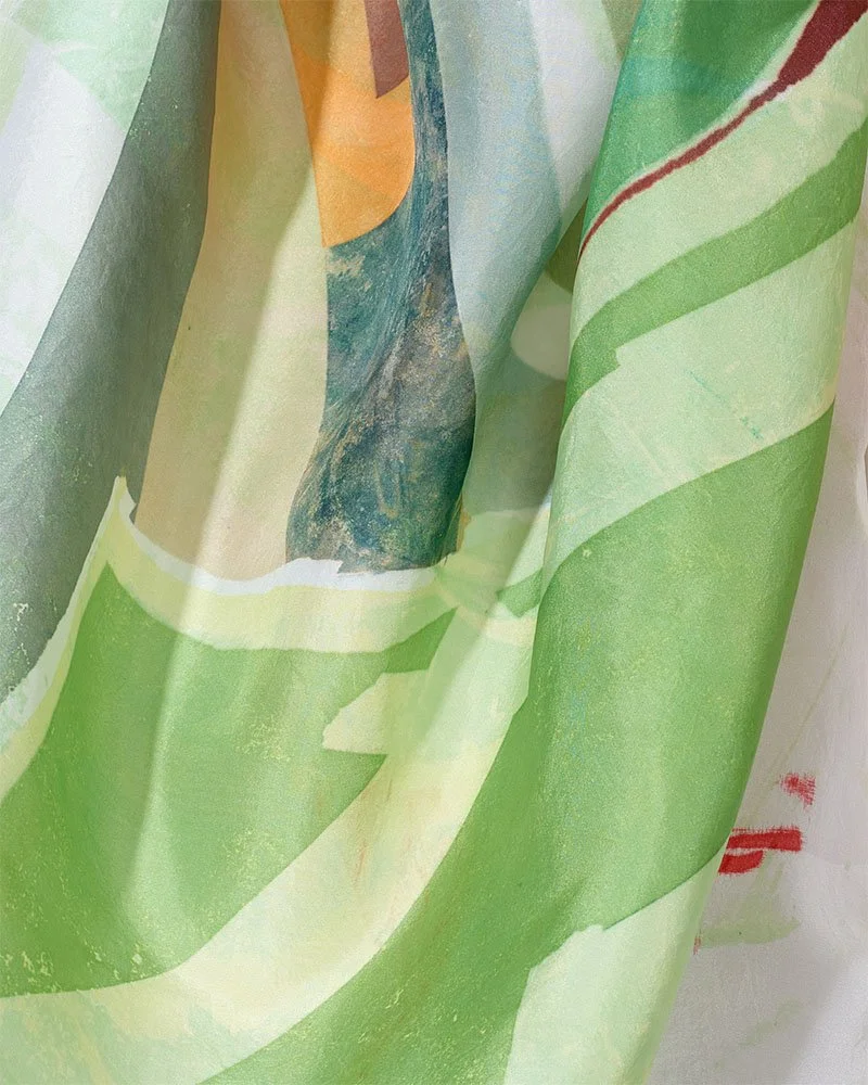 Spaciousness - nature and the modern man, close up draped, screen printed on silk, 139 x 132cm, Janine Saul, 2025.jpg