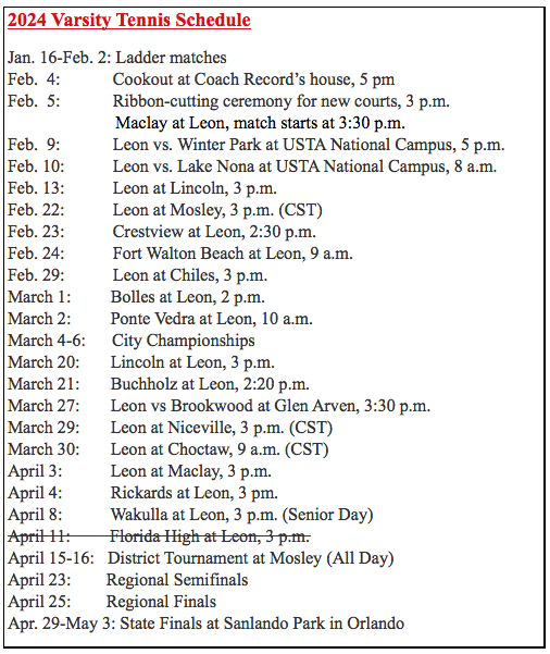 Schedule — Leon High School Tennis